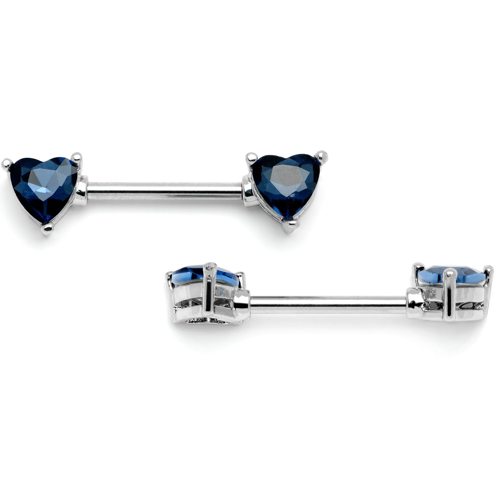 14G 9/16 Blue Gem Hearts Of Love Barbell Nipple Ring Set - Image 2