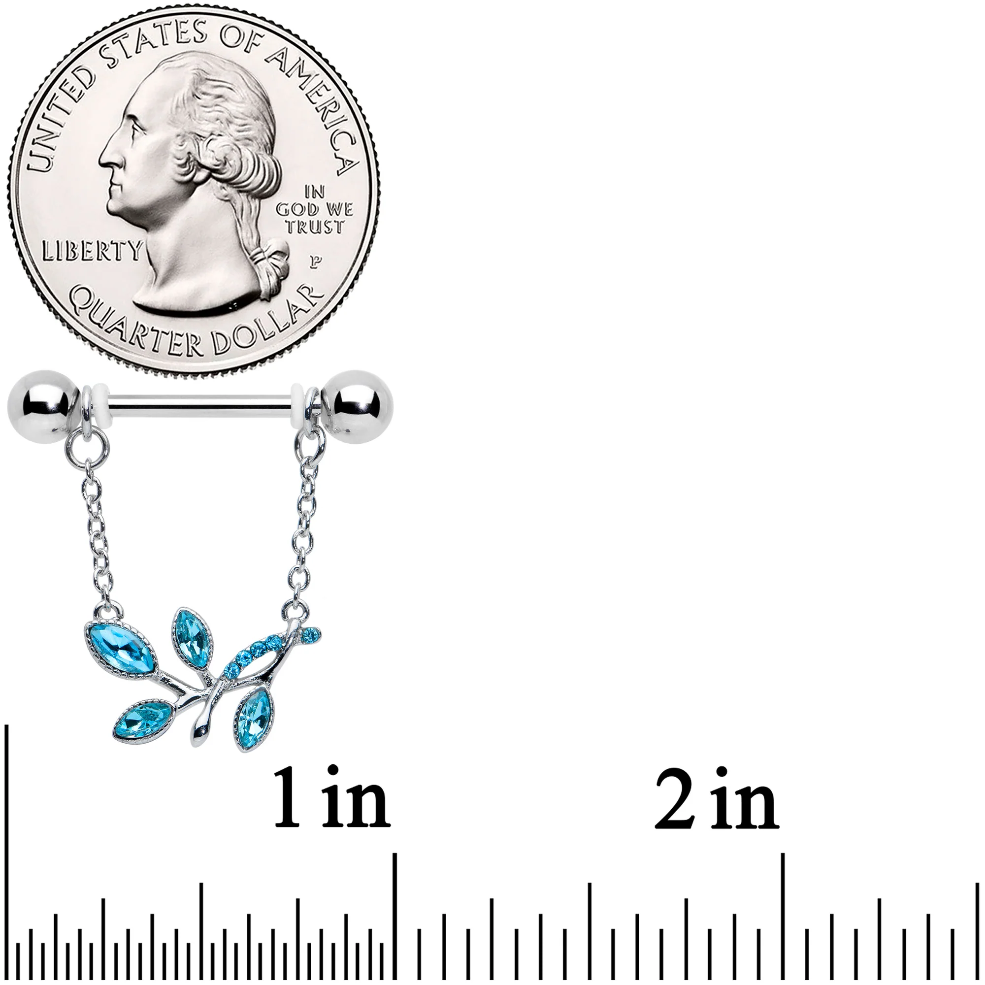 14G 9/16 Blue Gem Leaves of Love Chain Dangle Nipple Ring Set - Image 2