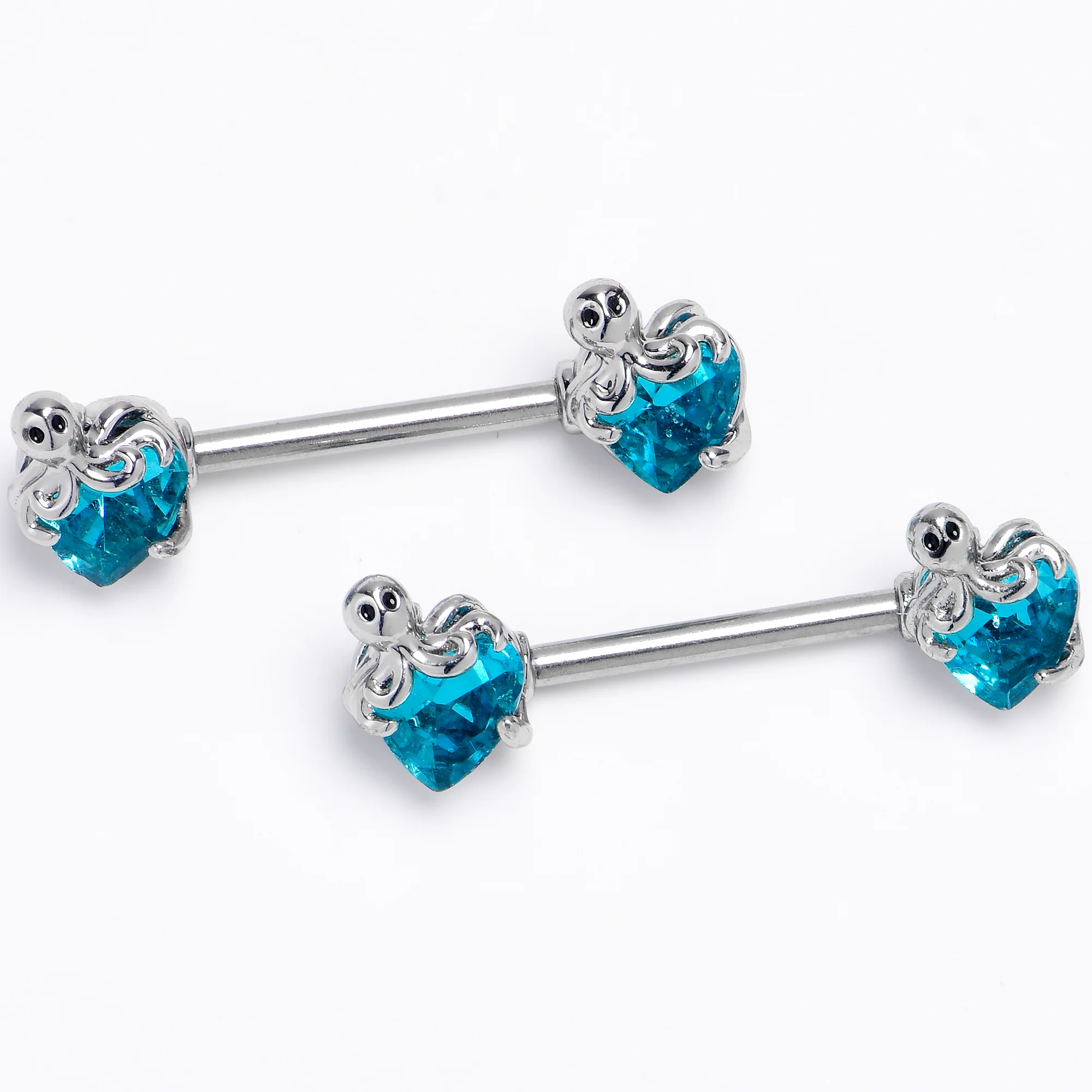 14G 9/16 Blue Gem Octopus Heart Barbell Nipple Ring Set