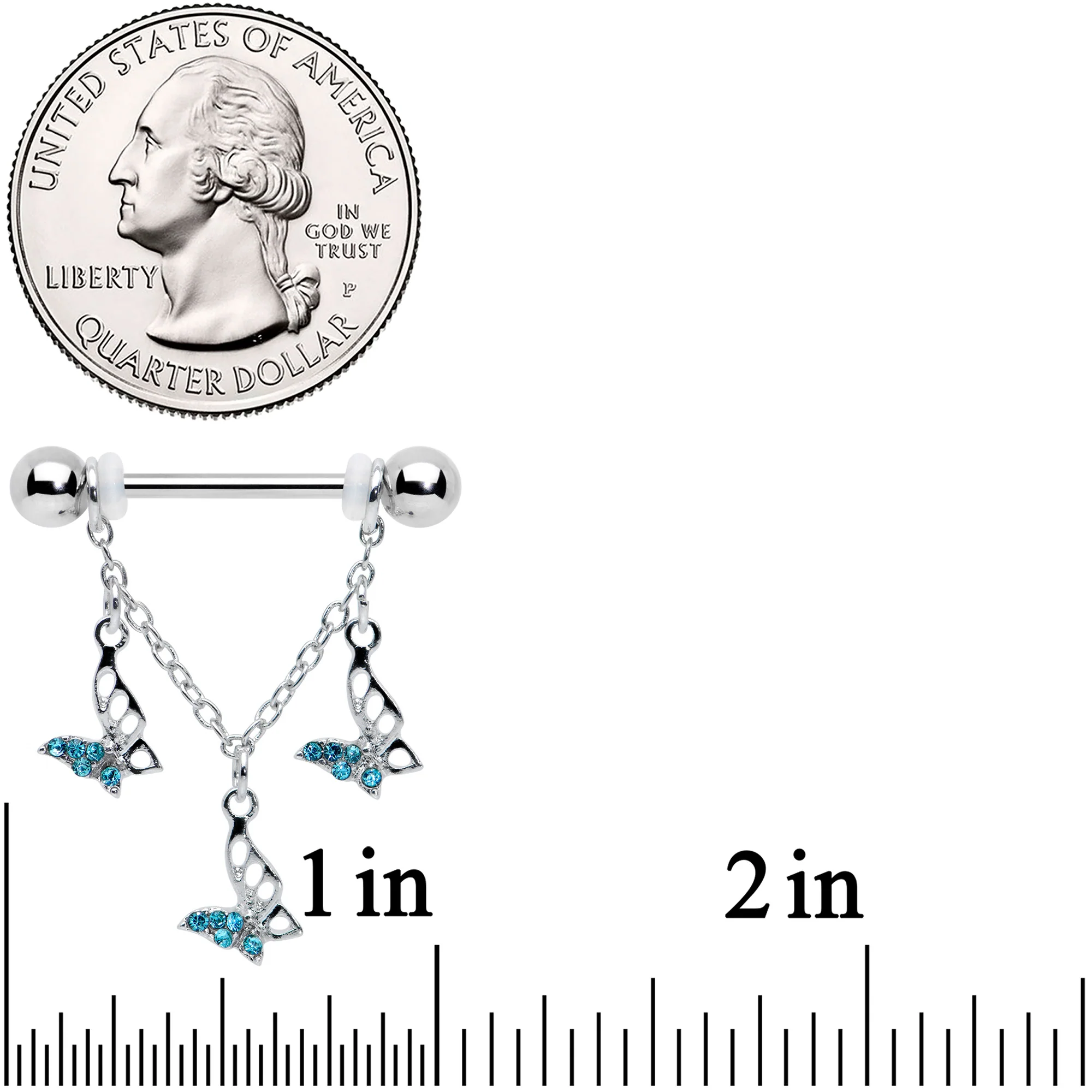 14G 9/16 Blue Gem Open Butterfly Chain Dangle Nipple Ring Set - Image 2