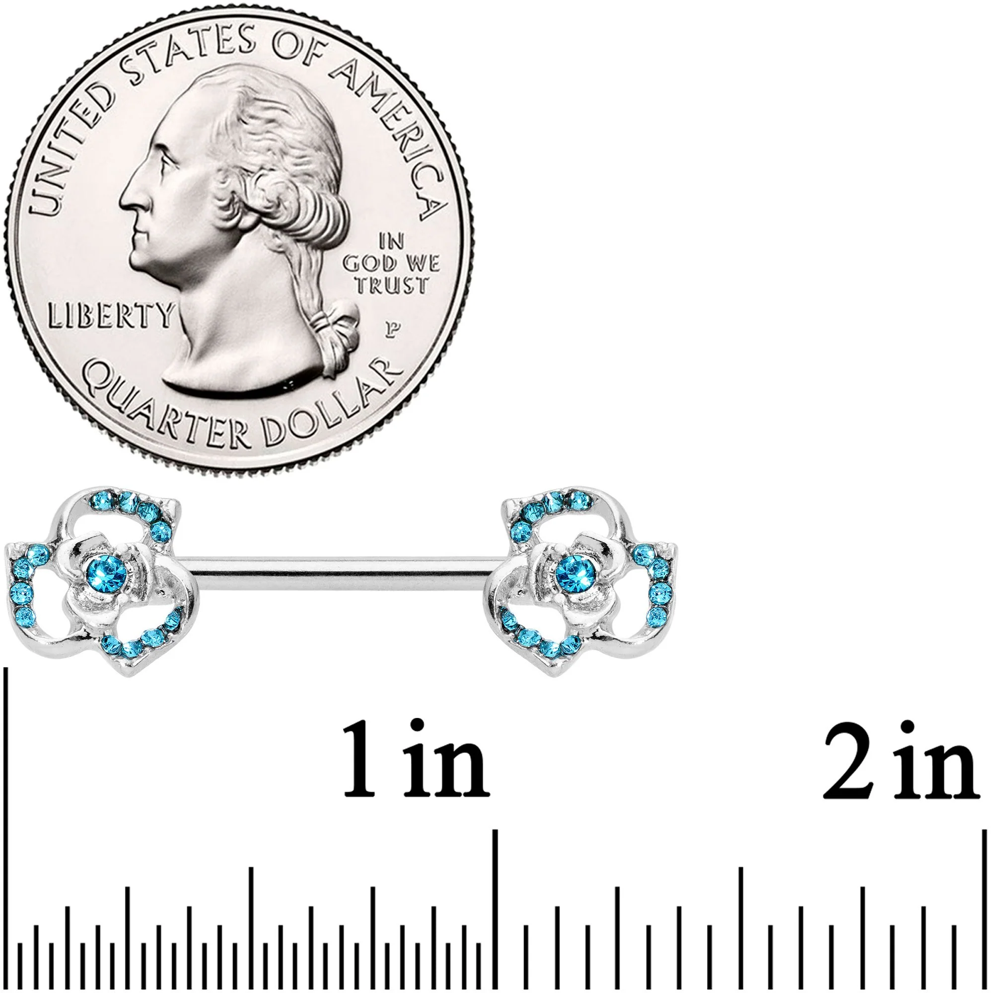 14G 9/16 Blue Gem Rose Flower Barbell Nipple Ring Set - Image 2