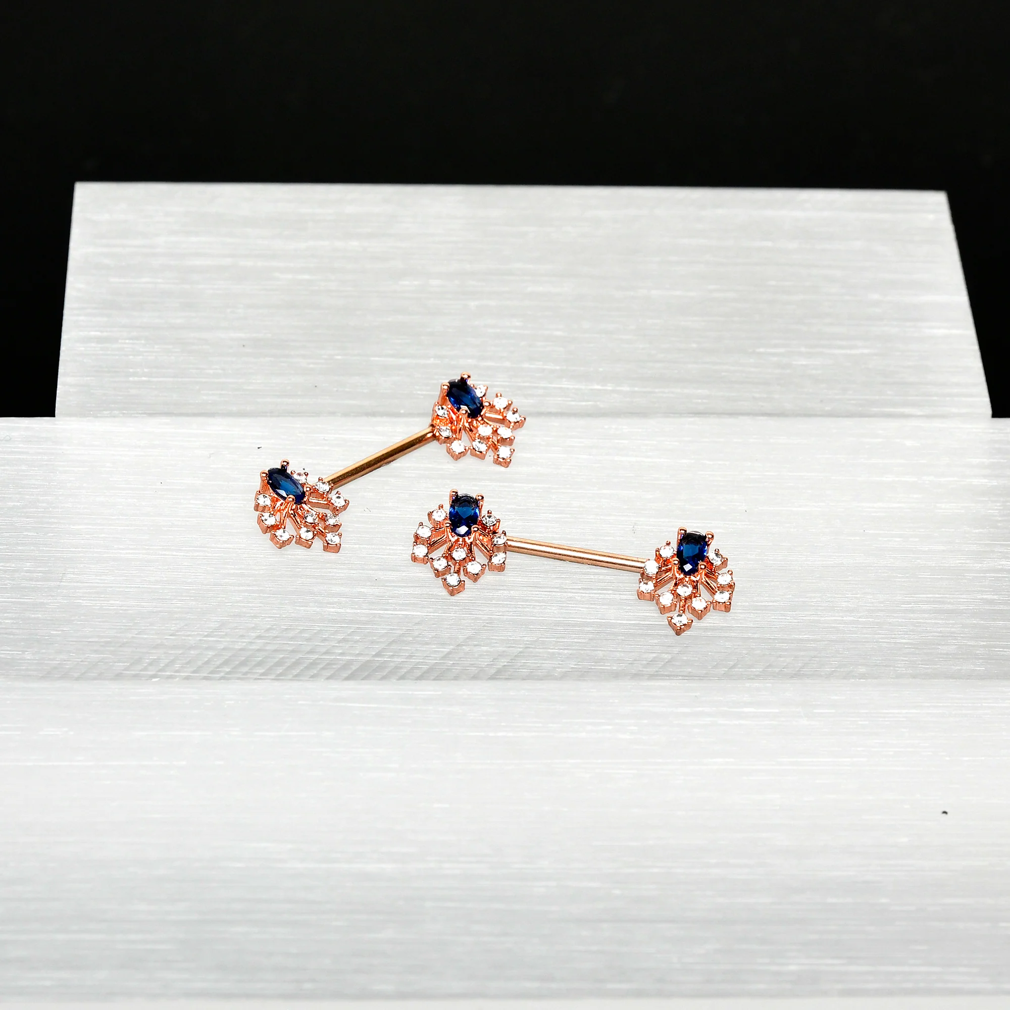 14G 9/16 Blue Gem Rosy Tone Glam Flare Barbell Nipple Ring Set - Image 7