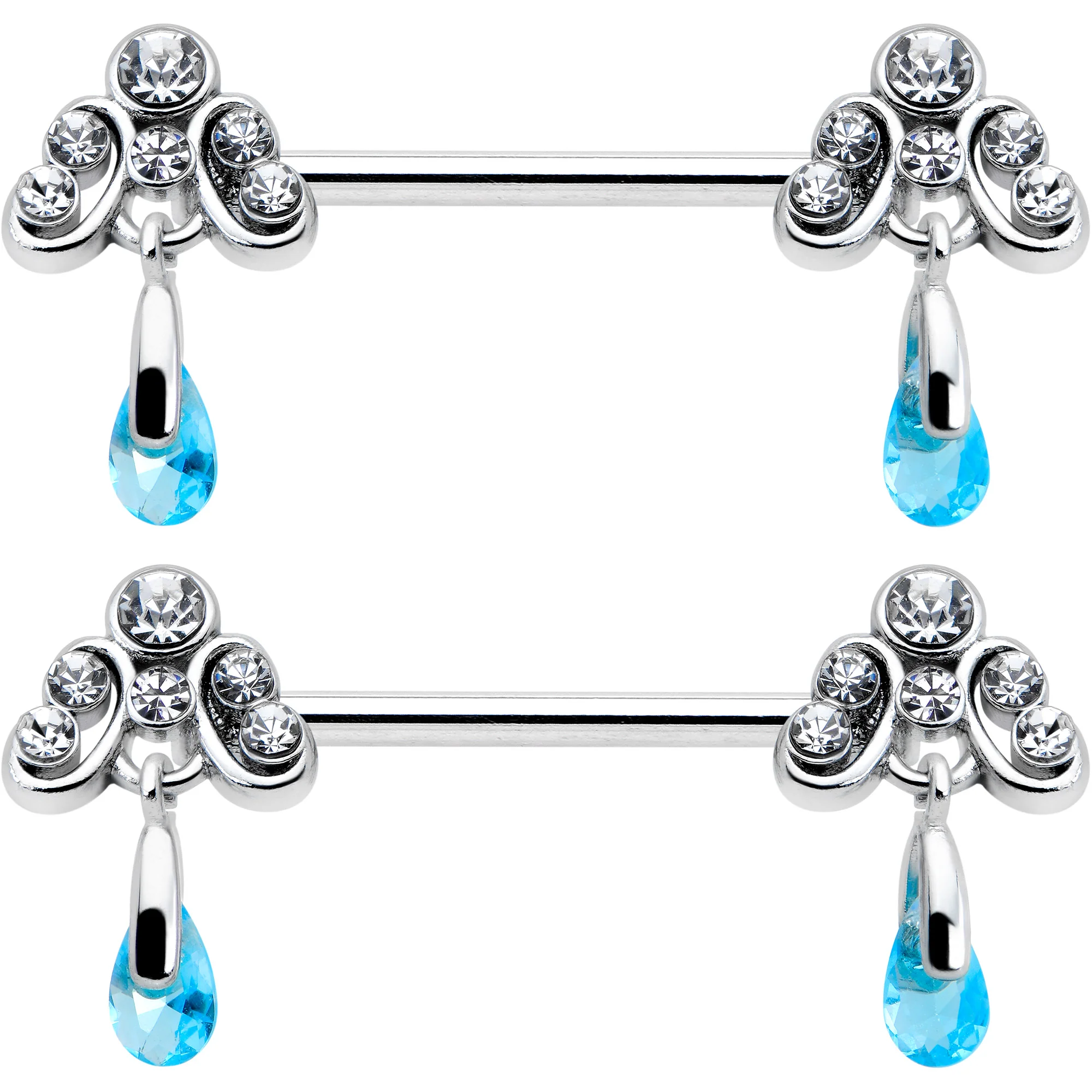 14G 9/16 Blue Gem Scrolling Elegance Dangle Nipple Ring Set - Image 2