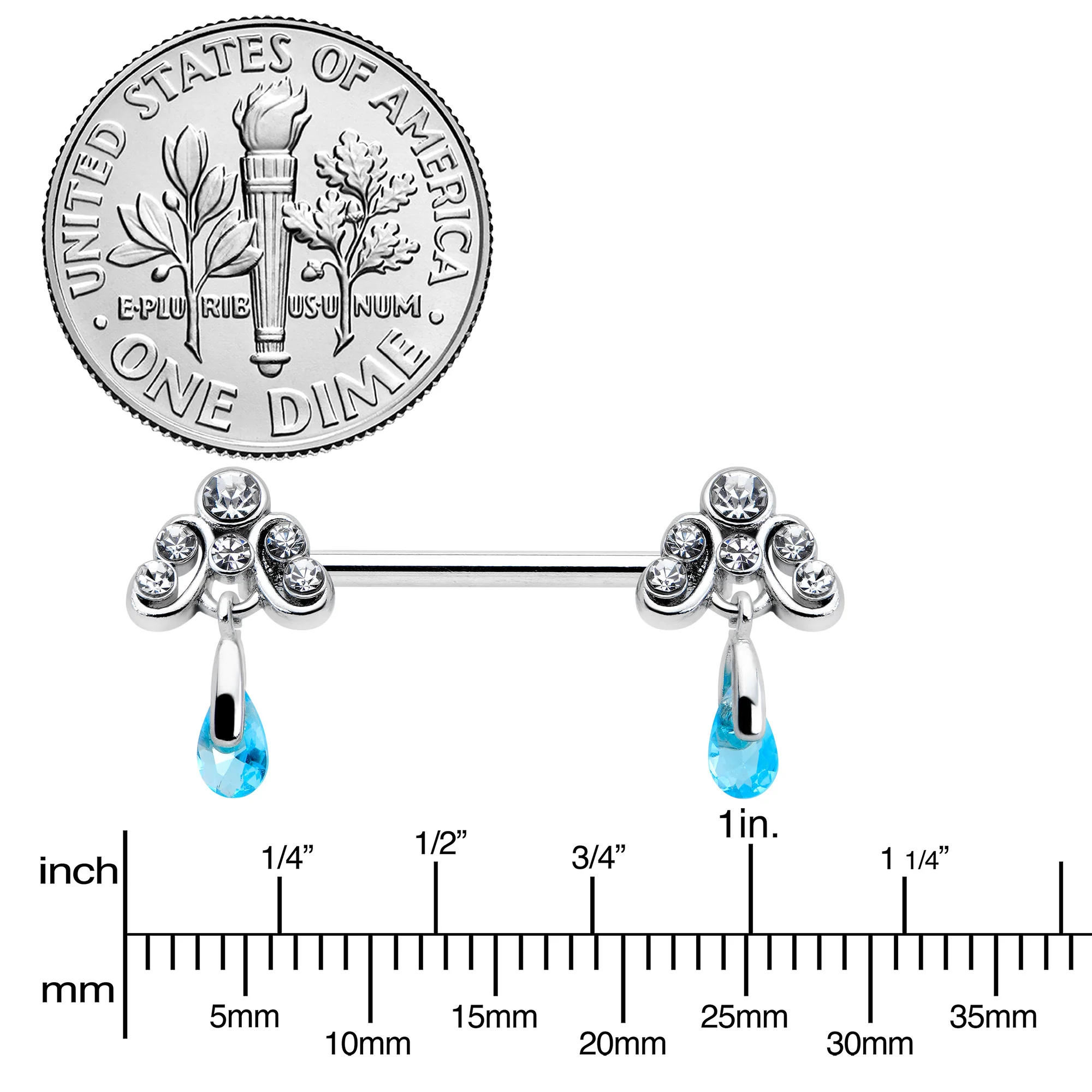 14G 9/16 Blue Gem Scrolling Elegance Dangle Nipple Ring Set - Image 3