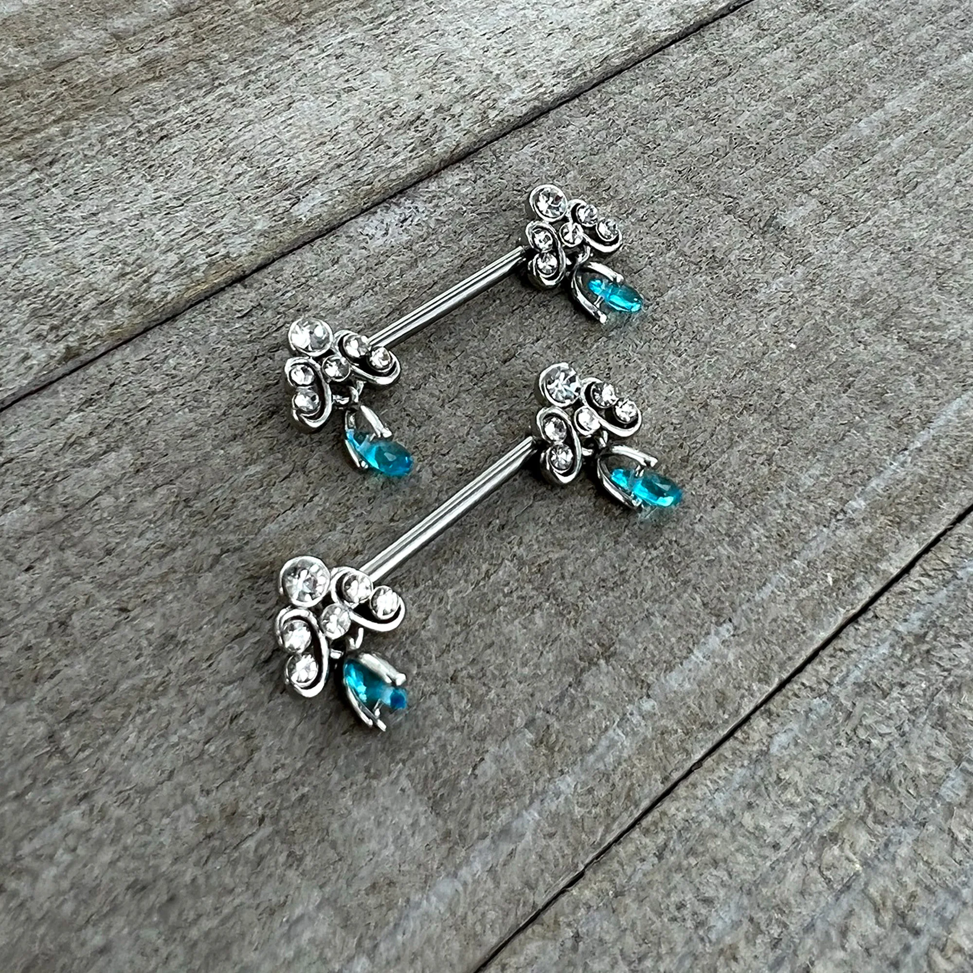 14G 9/16 Blue Gem Scrolling Elegance Dangle Nipple Ring Set - Image 4