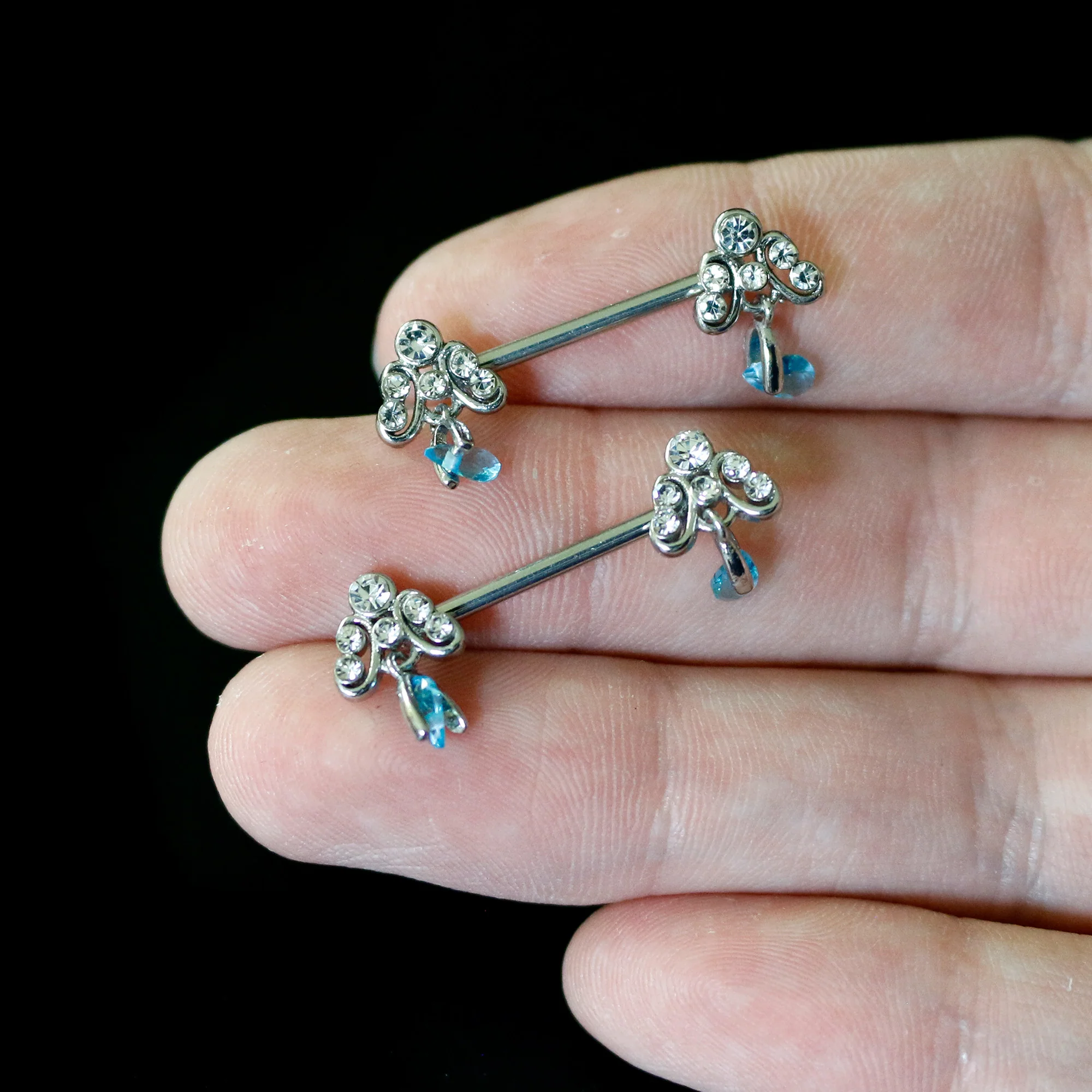 14G 9/16 Blue Gem Scrolling Elegance Dangle Nipple Ring Set - Image 5