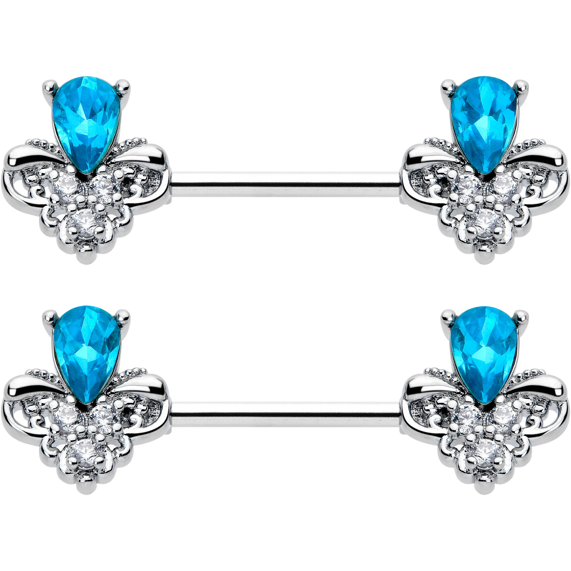 14G 9/16 Blue Gem Style Simplicity Barbell Nipple Ring Set - Image 2