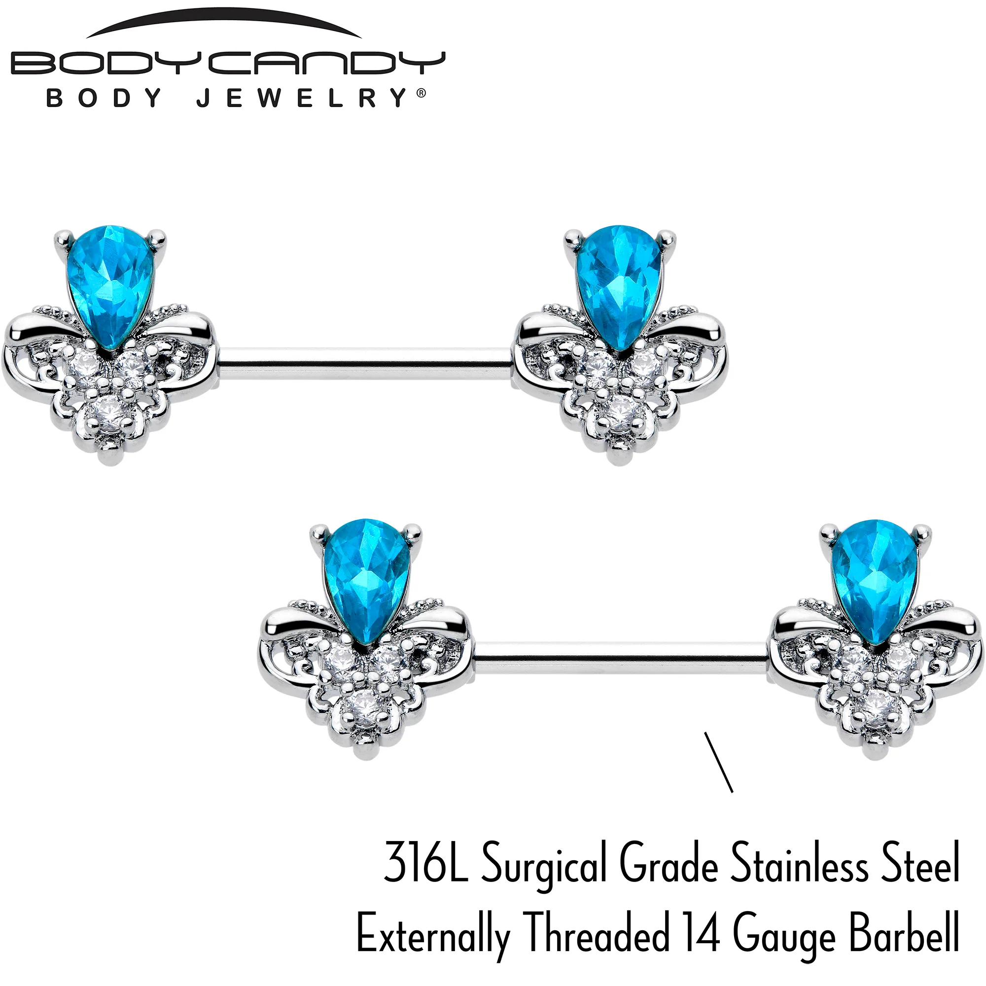 14G 9/16 Blue Gem Style Simplicity Barbell Nipple Ring Set - Image 3