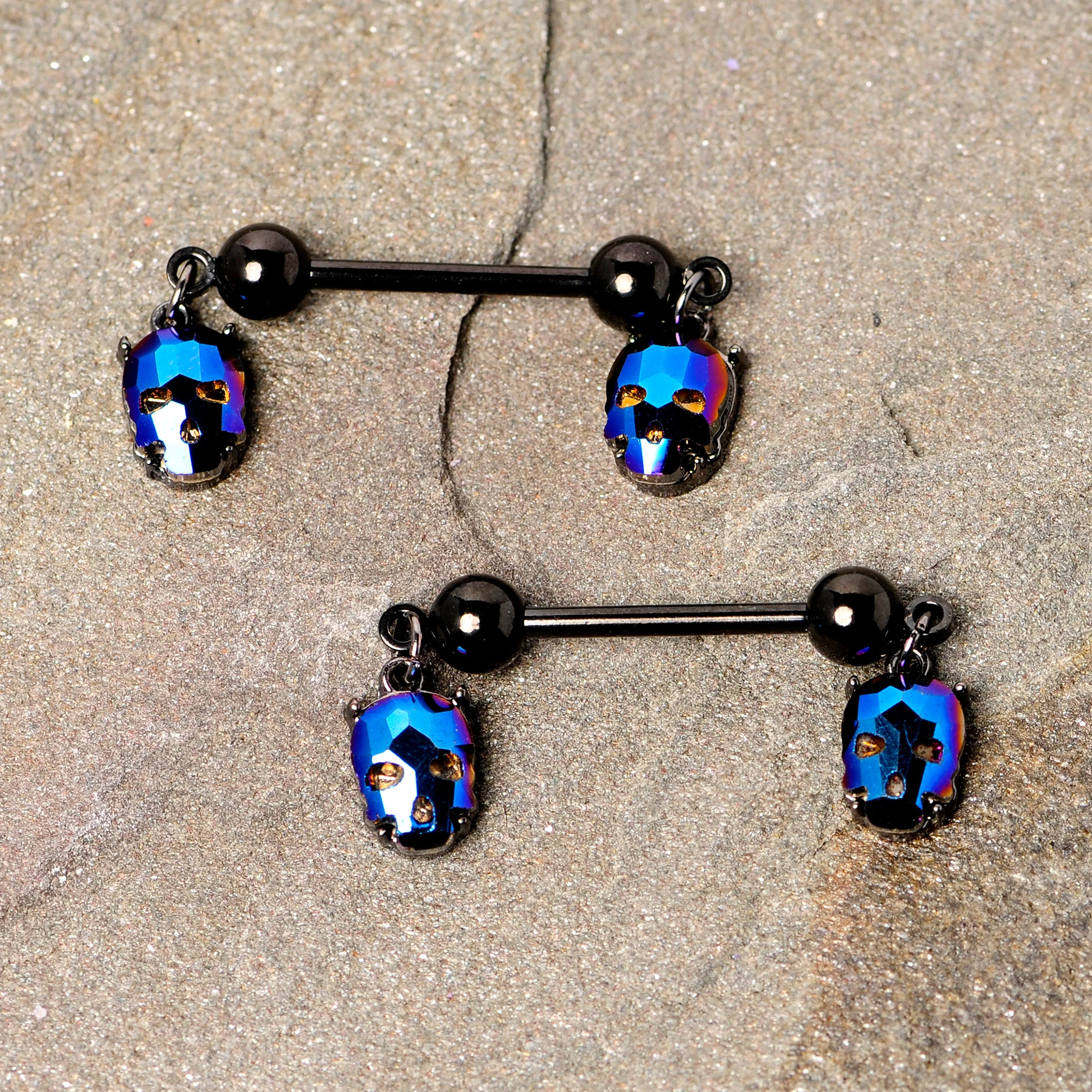 14G 9/16 Blue Gem Sugar Skull Halloween Dangle Nipple Ring Set - Image 2