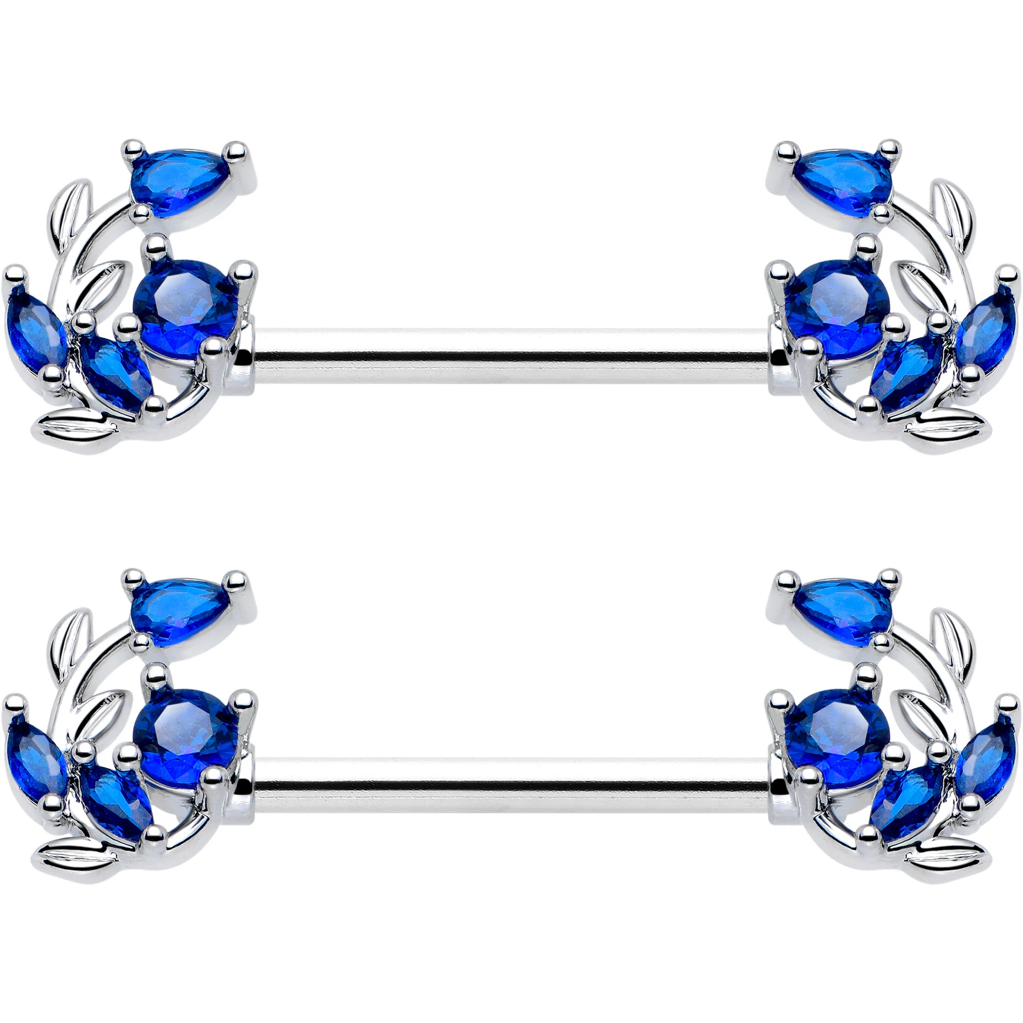 14G 9/16 Blue Gem Twining Vine Barbell Nipple Ring Set - Image 4