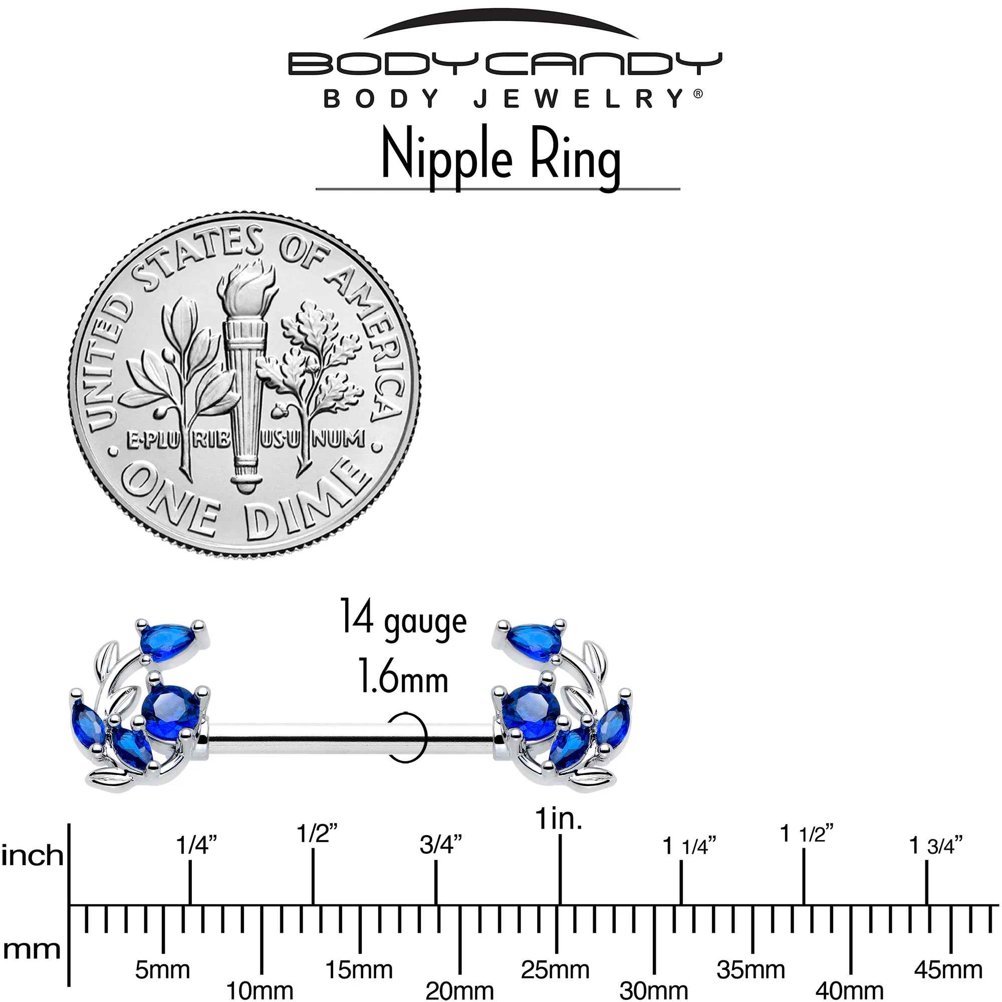 14G 9/16 Blue Gem Twining Vine Barbell Nipple Ring Set - Image 5