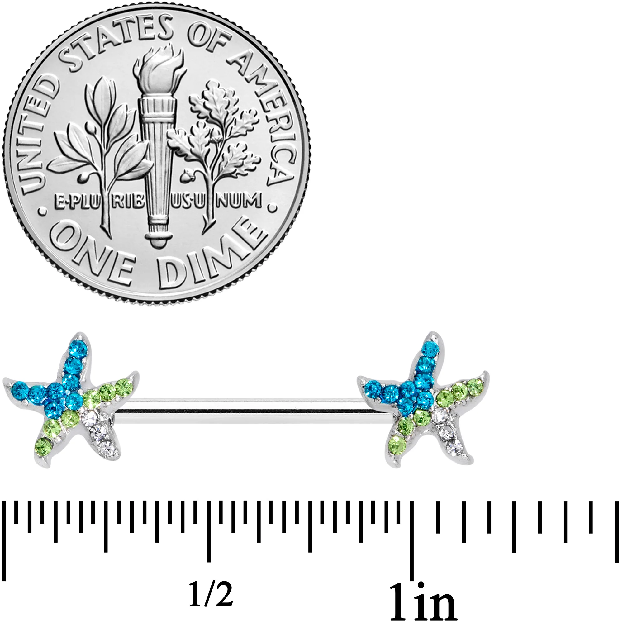 14G 9/16 Blue Green Gem Glam Starfish Barbell Nipple Ring Set - Image 2