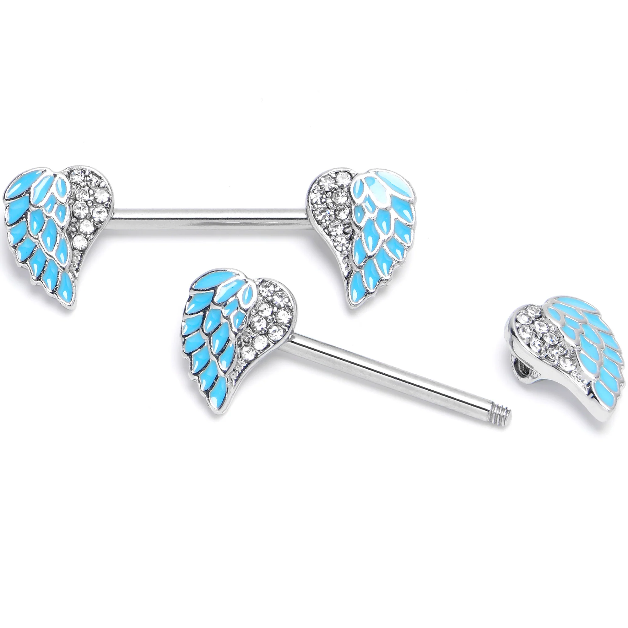 14G 9/16 Blue Heavenly Heart Angel Wings Barbell Nipple Ring Set - Image 2