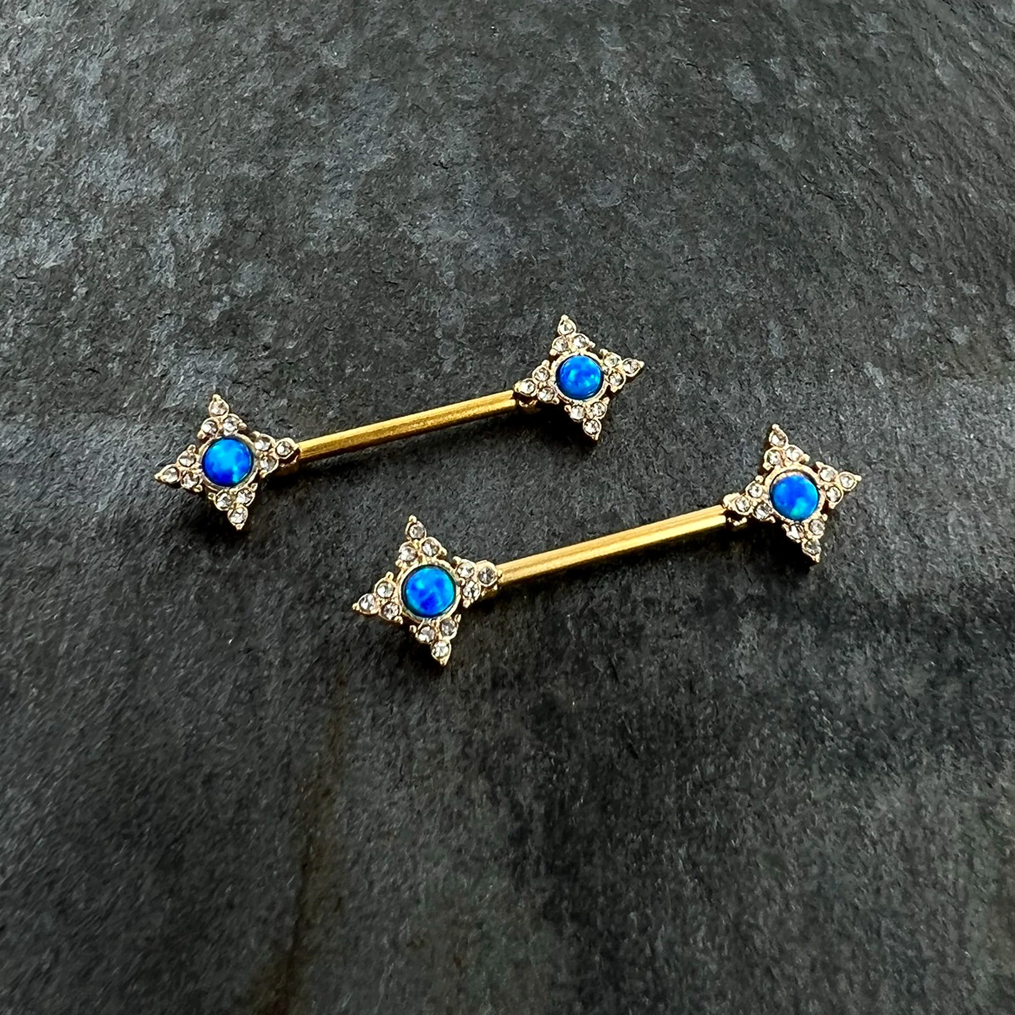 14G 9/16 Blue Synthetic Opal Gold Tone Rhombus Nipple Ring Set - Image 4