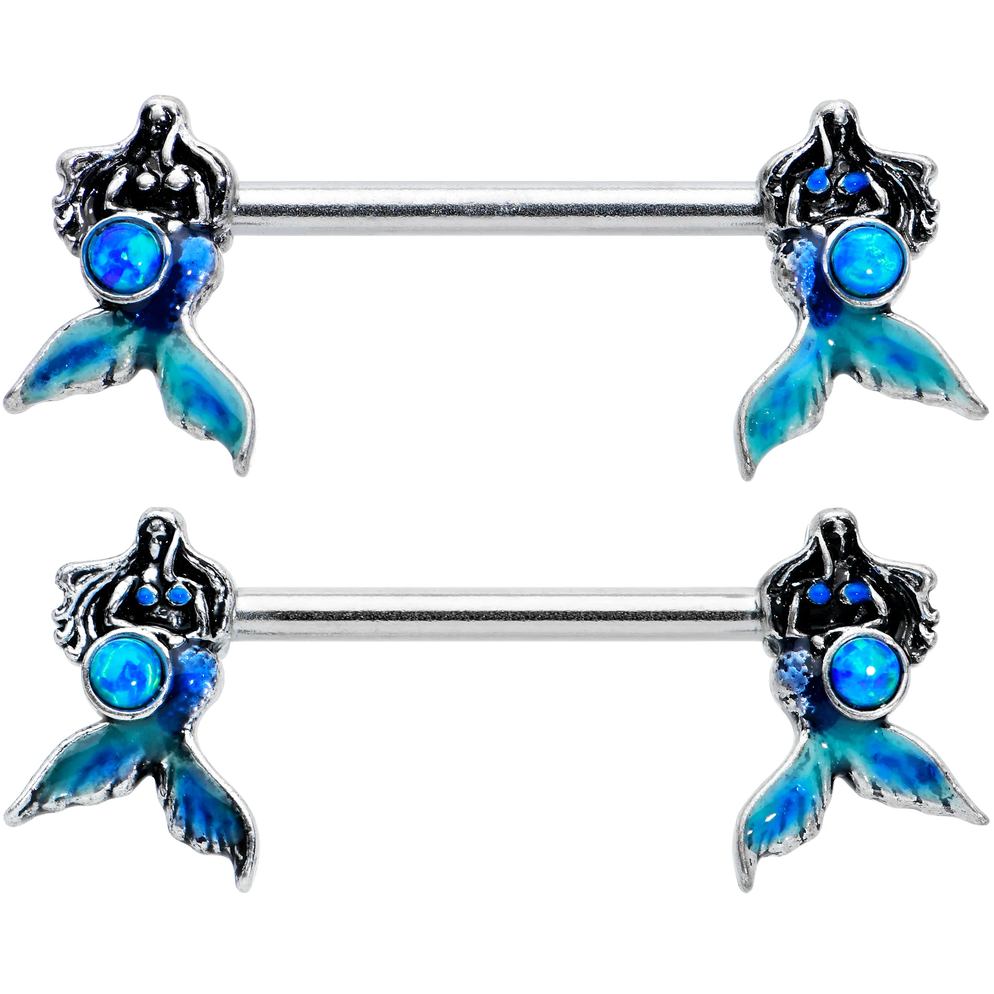 14G 9/16 Blue Synthetic Opal Mermaid Tail Barbell Nipple Ring Set - Image 2