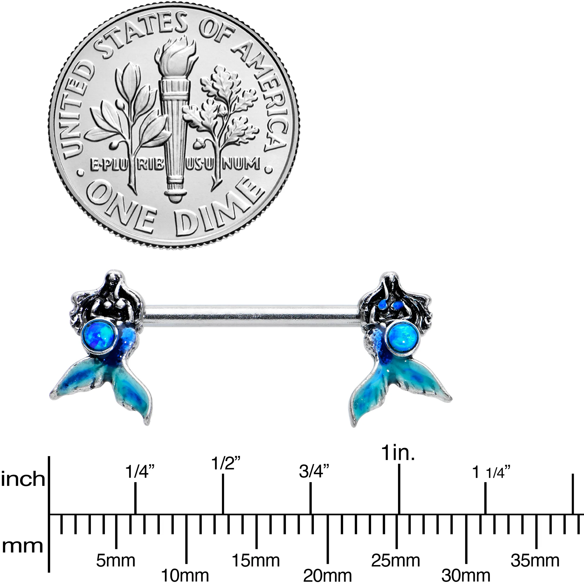 14G 9/16 Blue Synthetic Opal Mermaid Tail Barbell Nipple Ring Set - Image 3