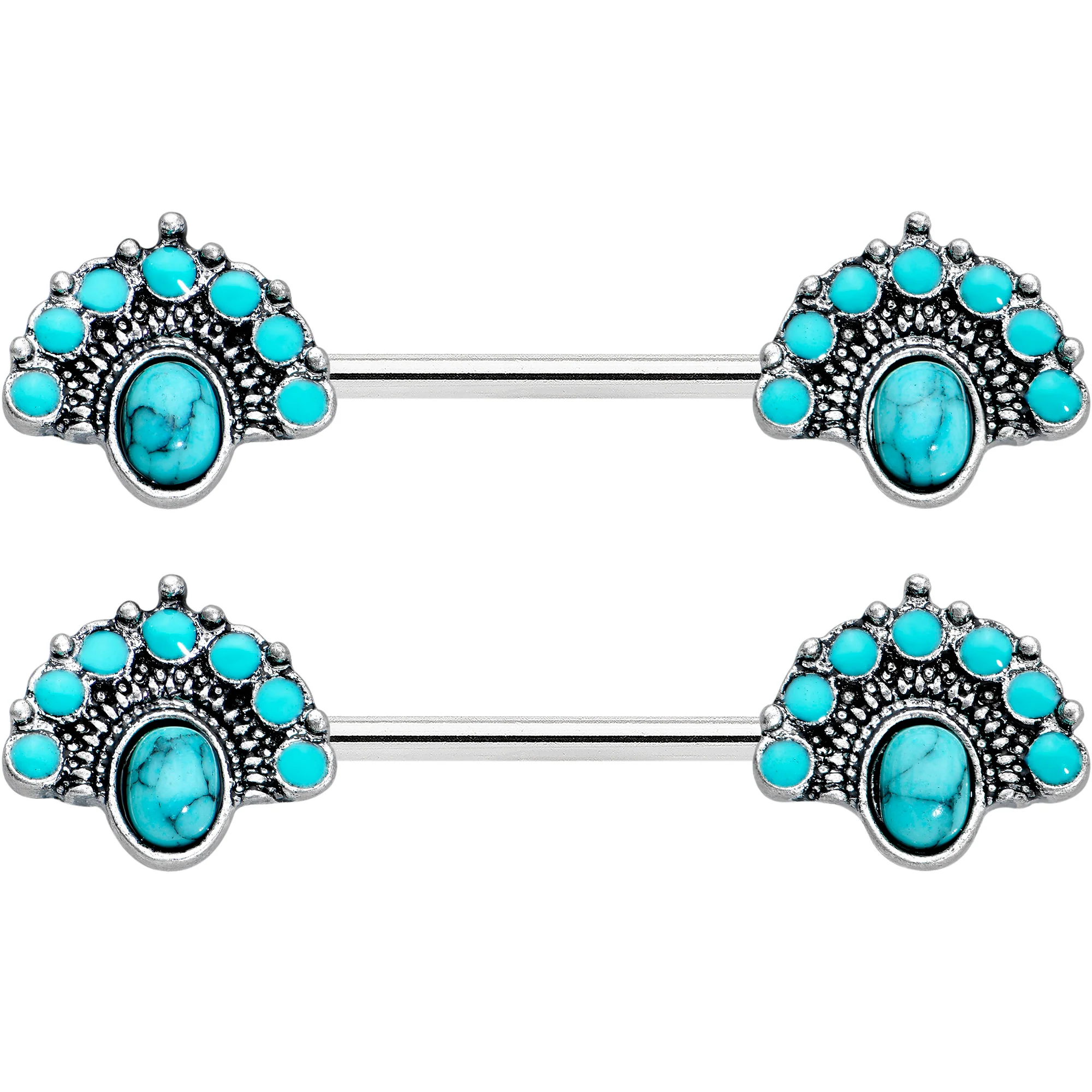 14G 9/16 Blue Turquoise Southwest Shield Barbell Nipple Ring Set - Image 2