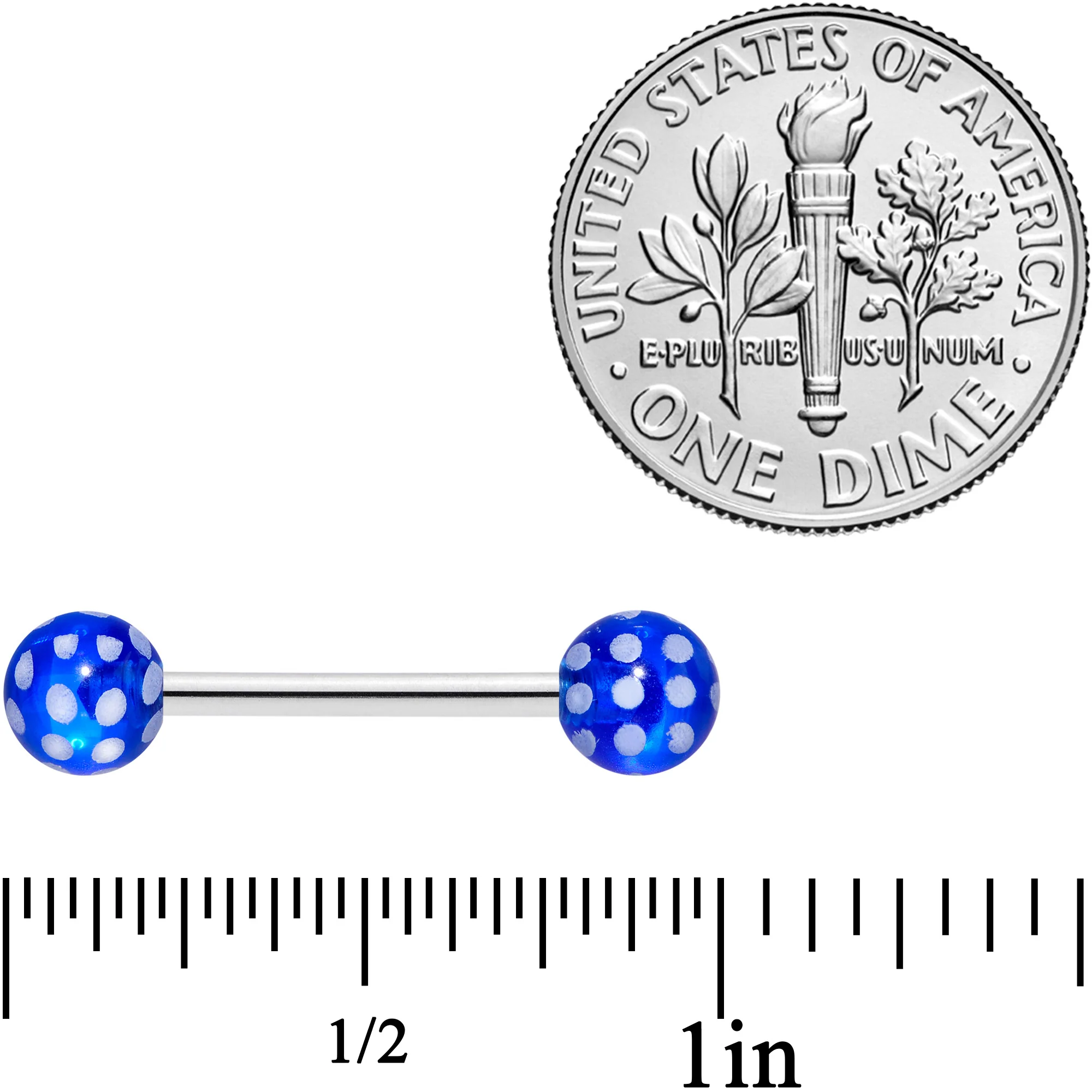 14G 9/16 Blue White Polka Dot UV Ball Barbell Nipple Ring Set - Image 2