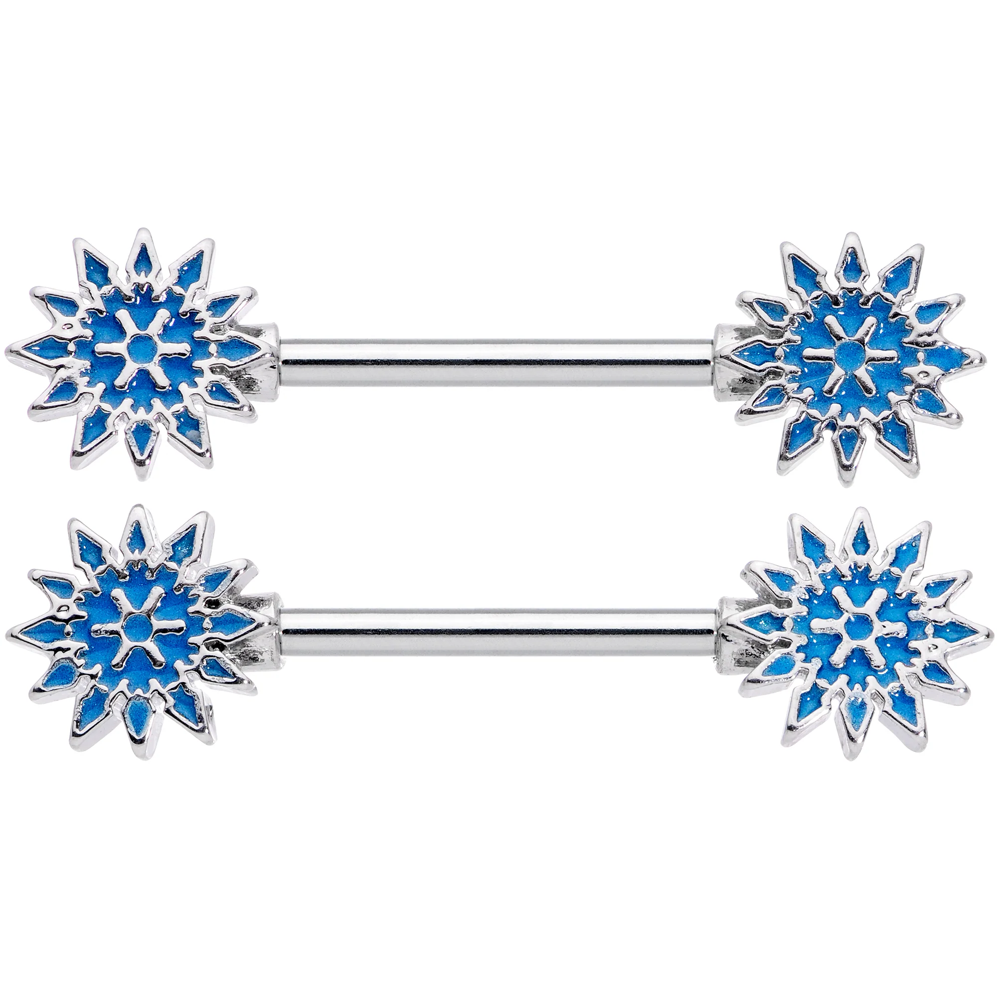 14G 9/16 Blue Winter Snowflake Christmas Barbell Nipple Ring Set - Image 2