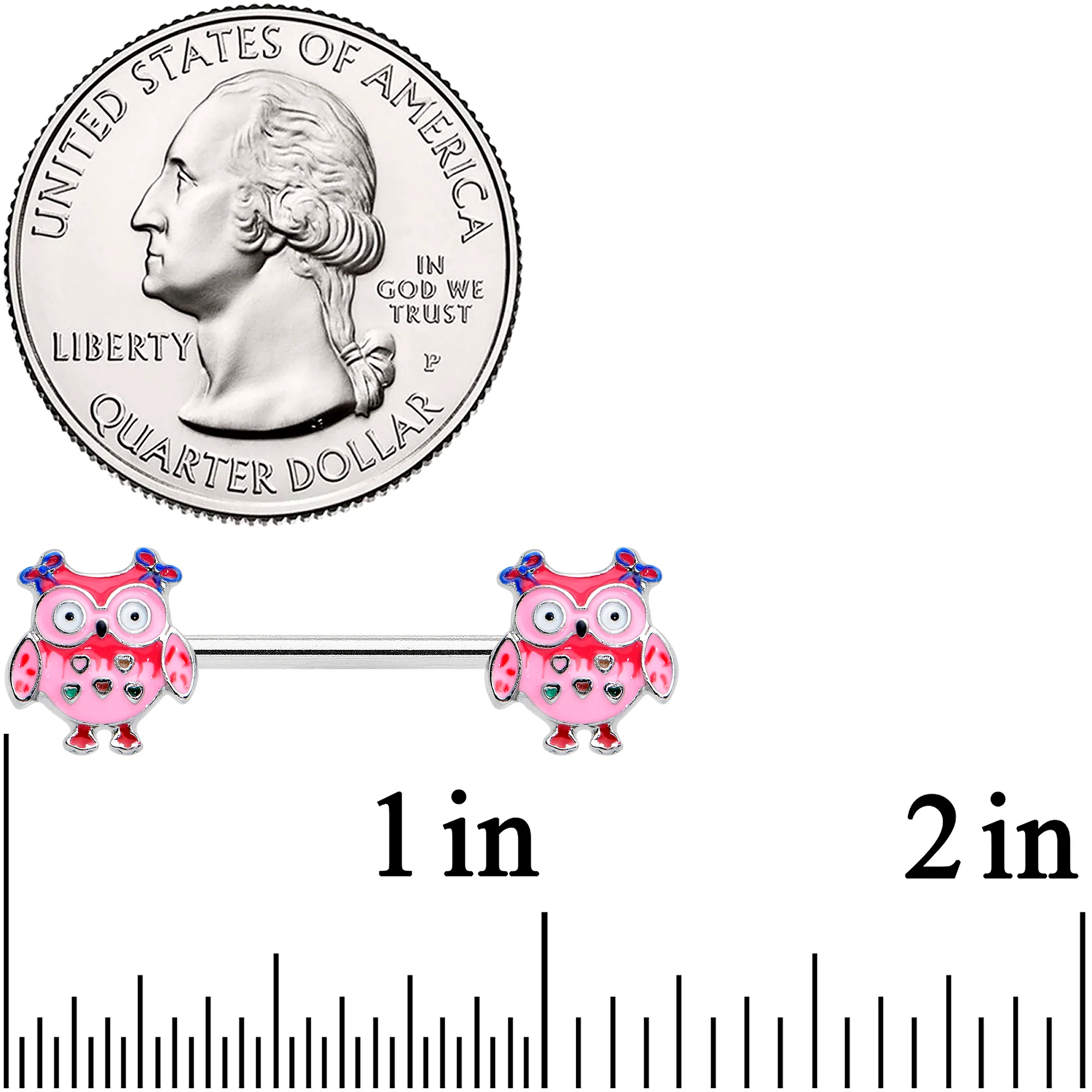 14G 9/16 Bow Pink Heart Owls Barbell Nipple Ring Set - Image 3