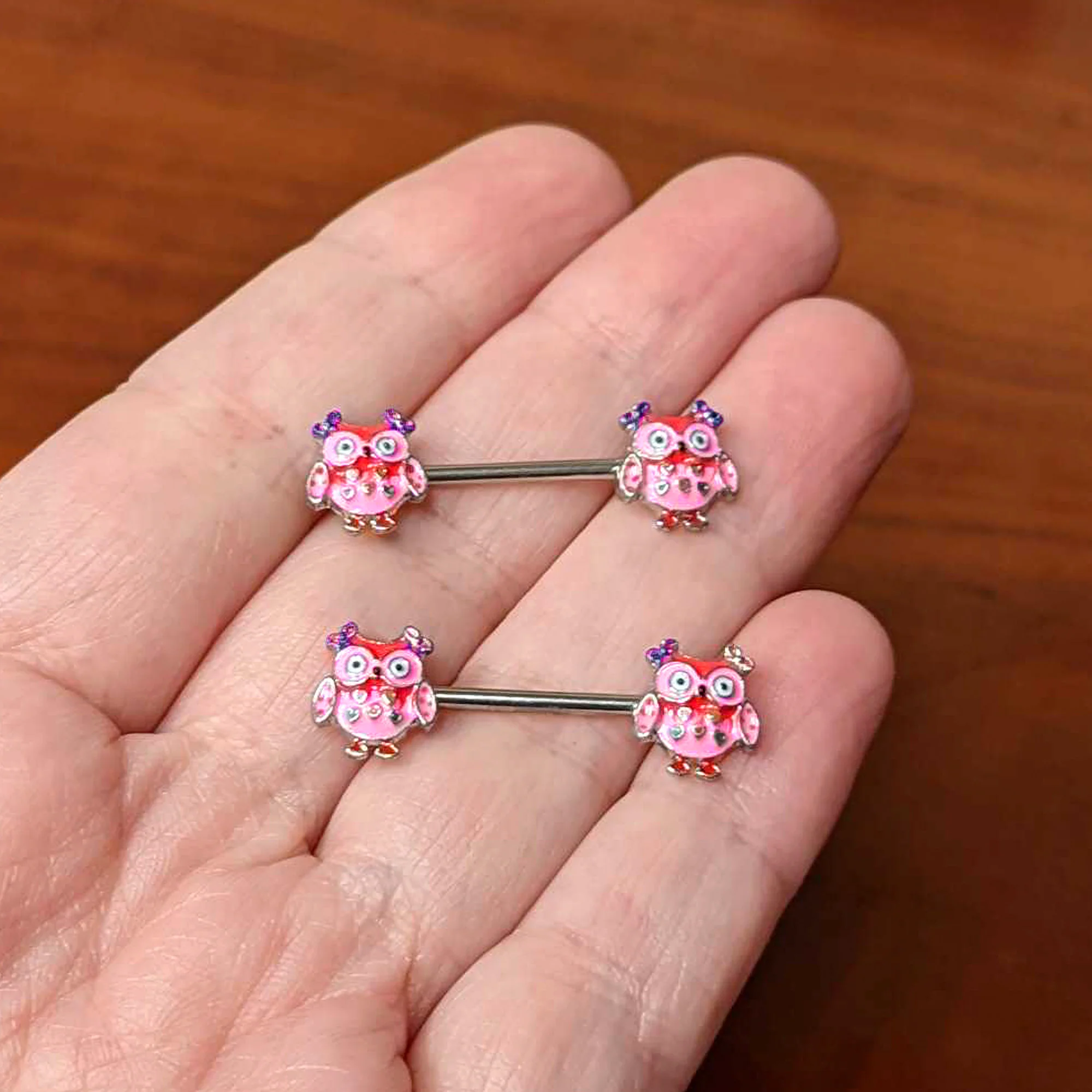 14G 9/16 Bow Pink Heart Owls Barbell Nipple Ring Set - Image 4