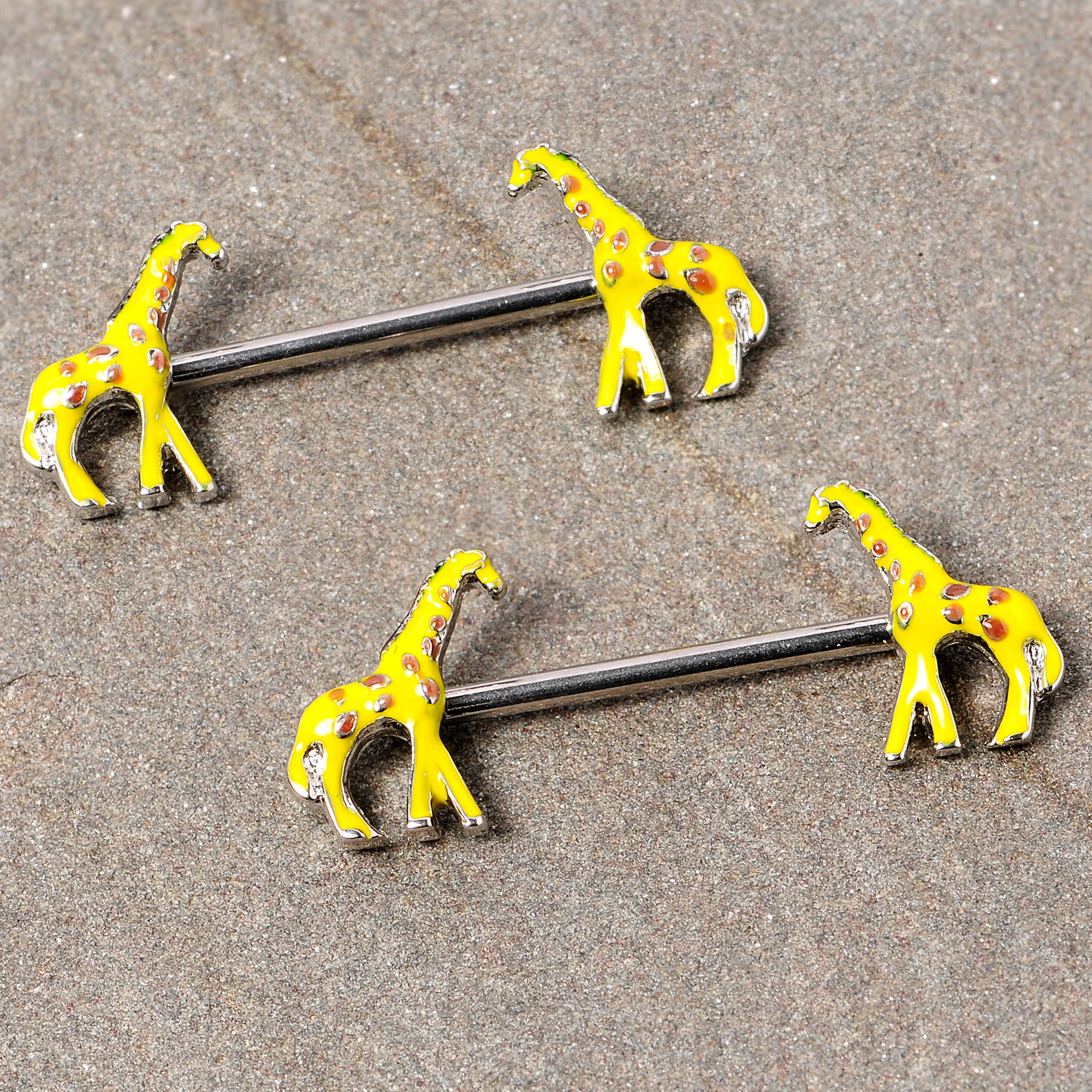 14G 9/16 Brown Yellow Giraffe Barbell Nipple Ring Set - Image 3