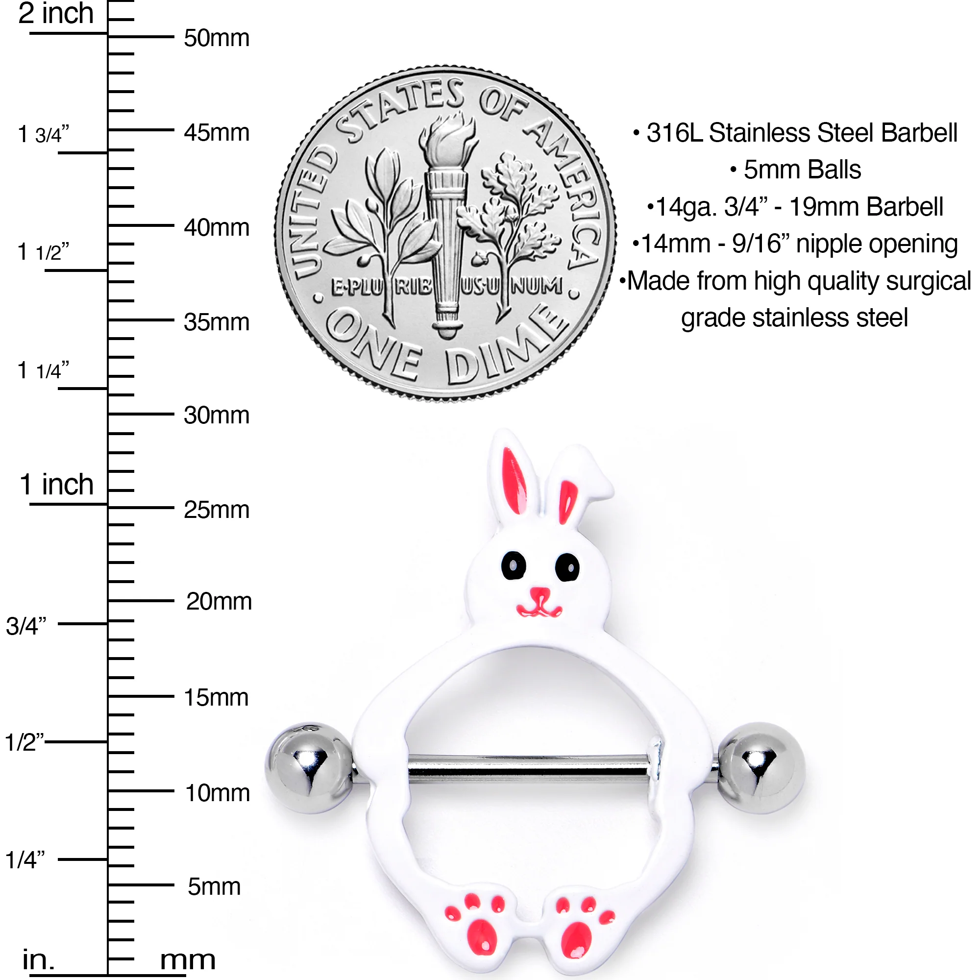 14G 9/16 Bunny White Rabbit Nipple Shield Set - Image 3