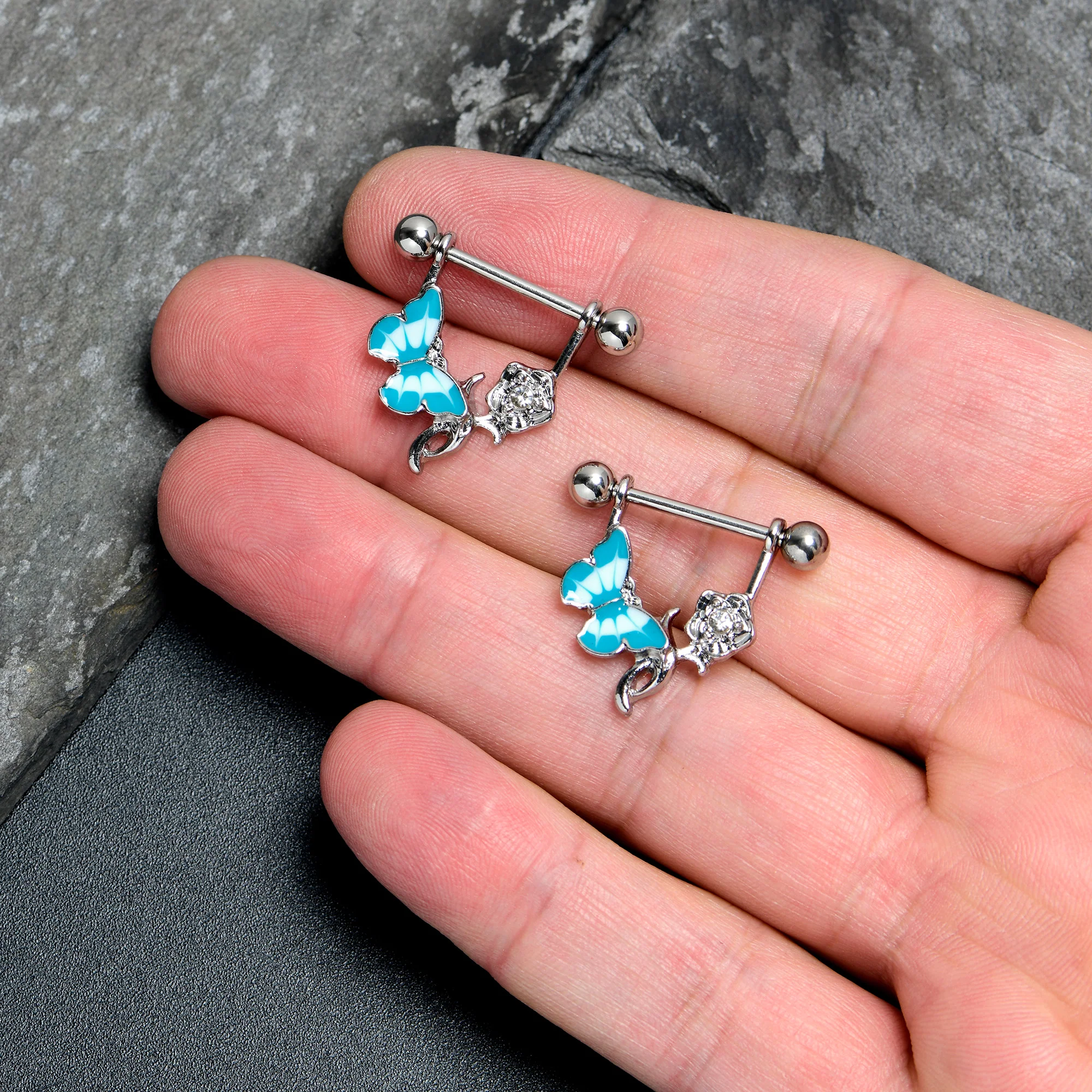 14G 9/16 Butterfly Blue Rose Flower Dangle Nipple Ring Set - Image 3
