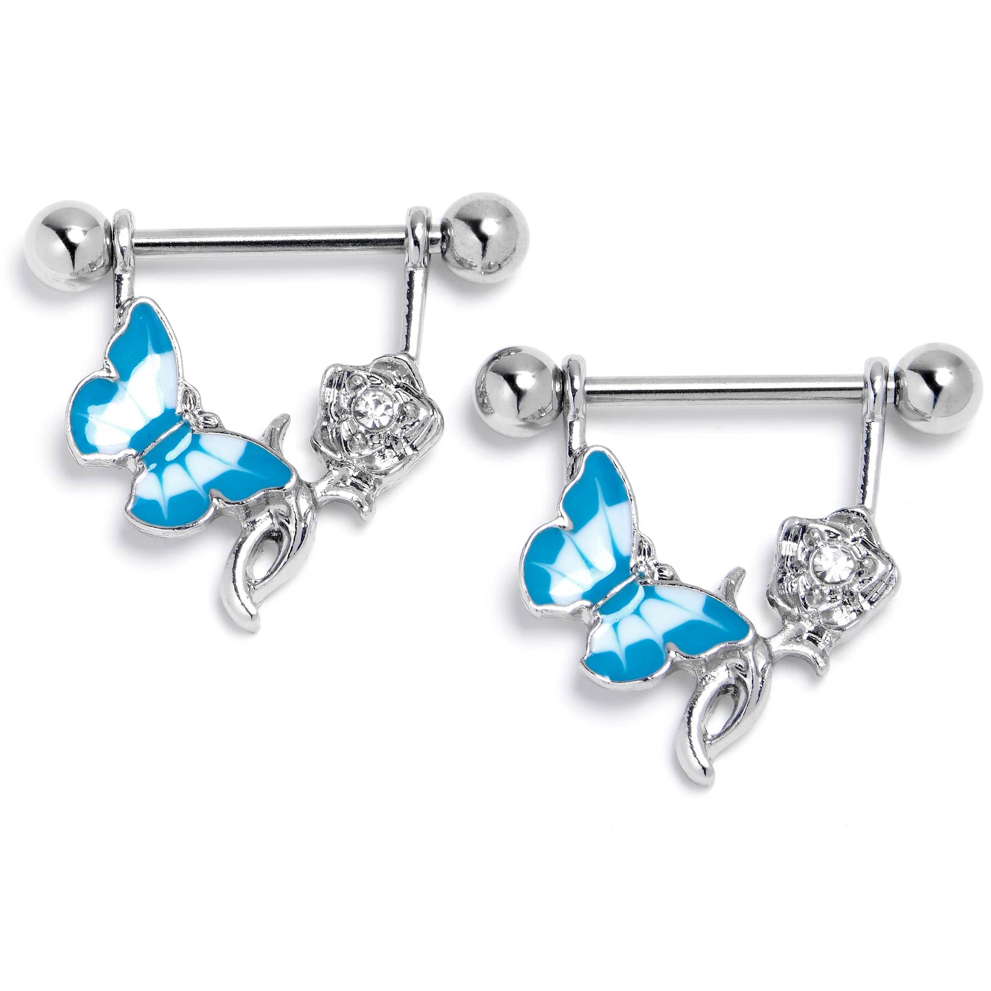 14G 9/16 Butterfly Blue Rose Flower Dangle Nipple Ring Set - Image 4