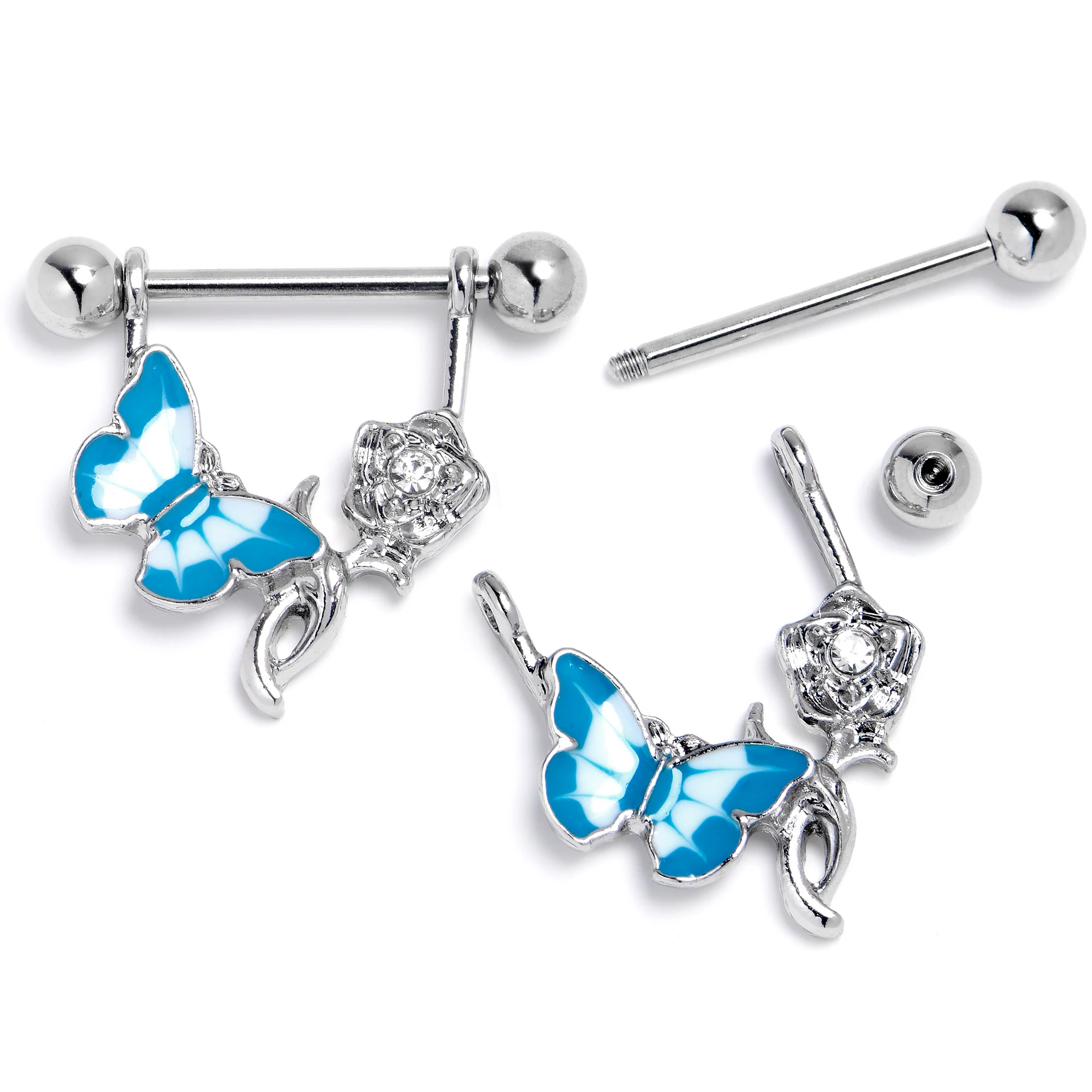 14G 9/16 Butterfly Blue Rose Flower Dangle Nipple Ring Set - Image 5