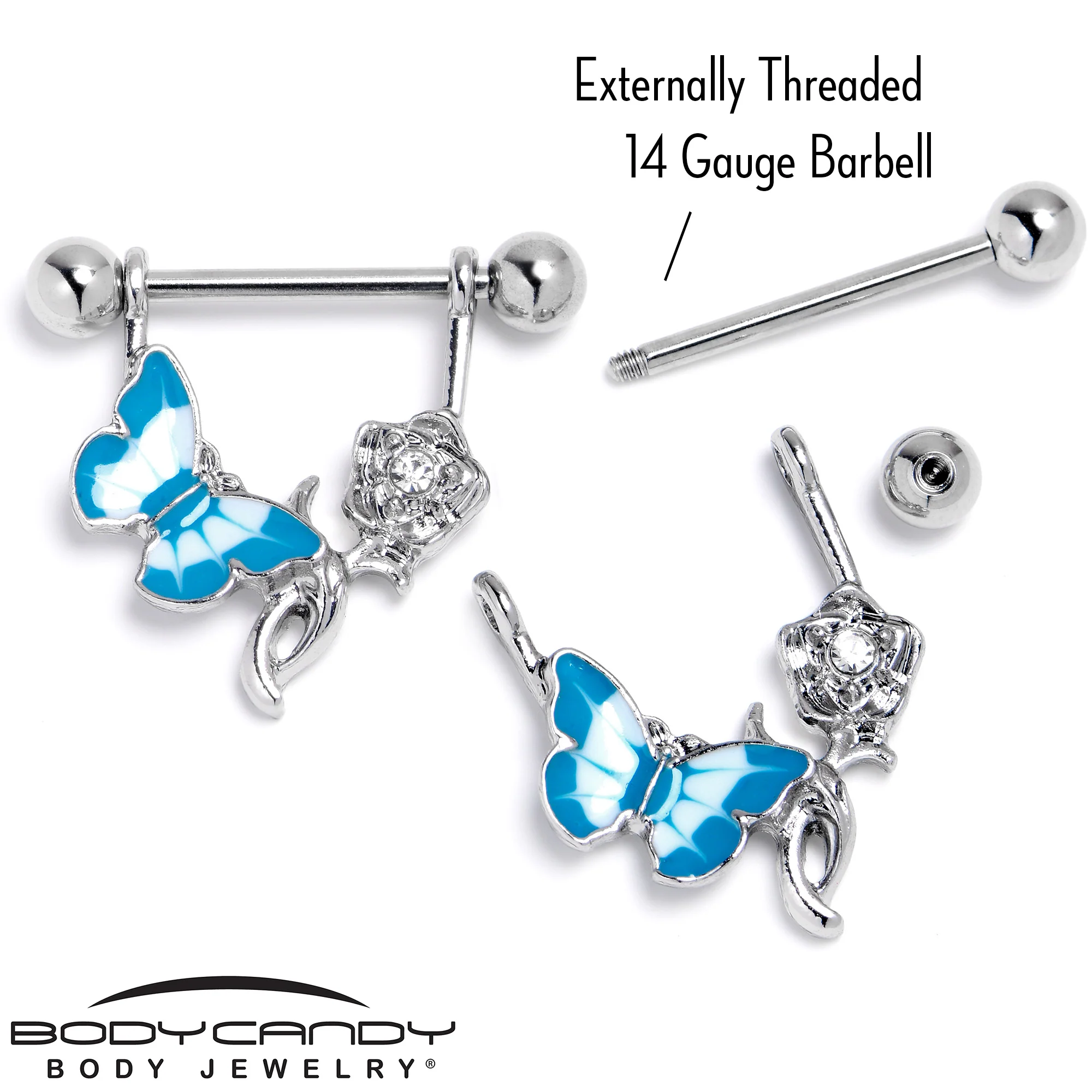 14G 9/16 Butterfly Blue Rose Flower Dangle Nipple Ring Set - Image 6