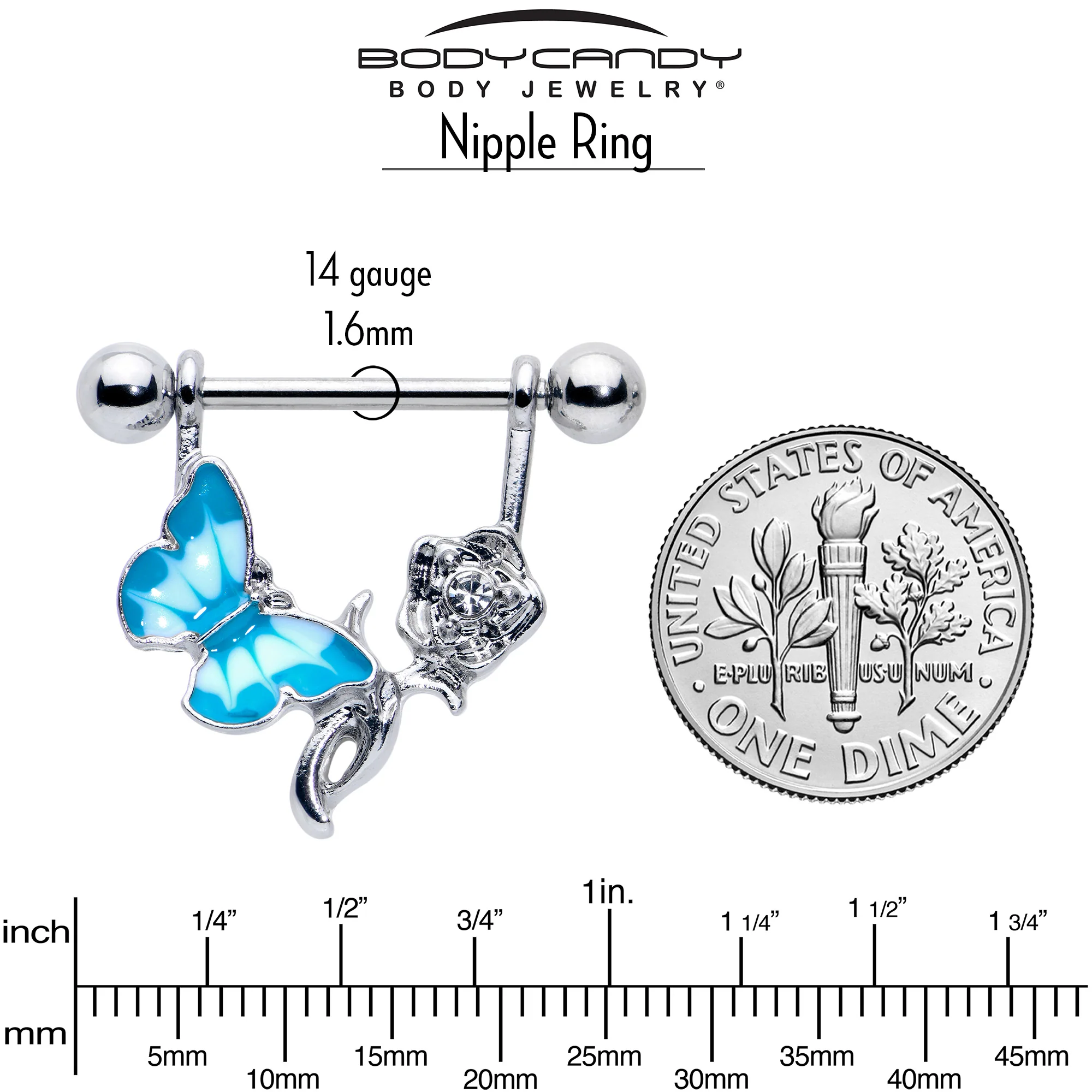 14G 9/16 Butterfly Blue Rose Flower Dangle Nipple Ring Set - Image 7