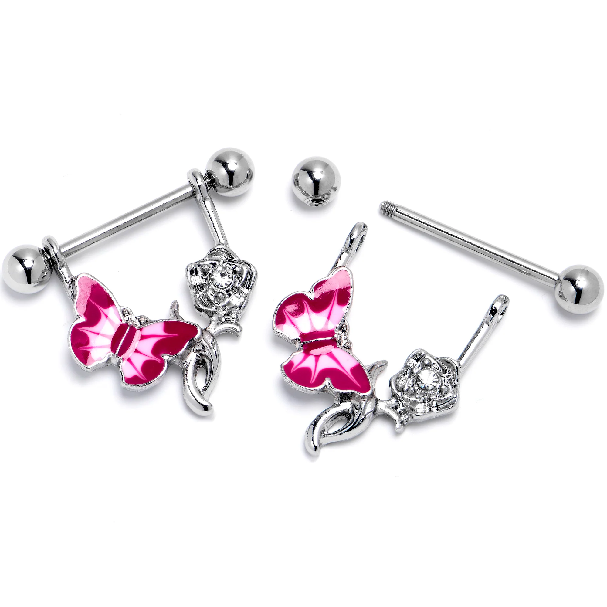 14G 9/16 Butterfly Pink Rose Flower Dangle Nipple Ring Set - Image 2