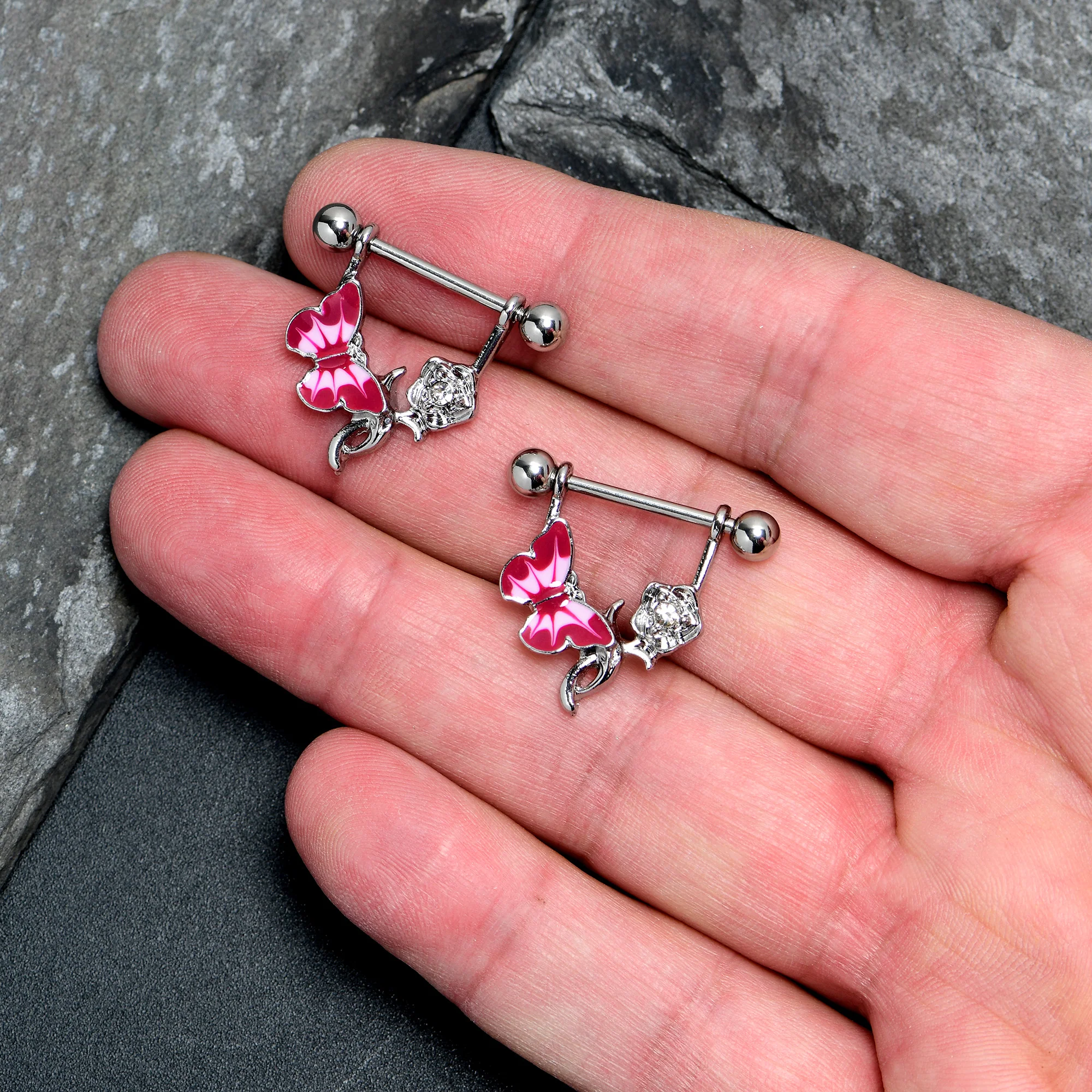 14G 9/16 Butterfly Pink Rose Flower Dangle Nipple Ring Set - Image 3