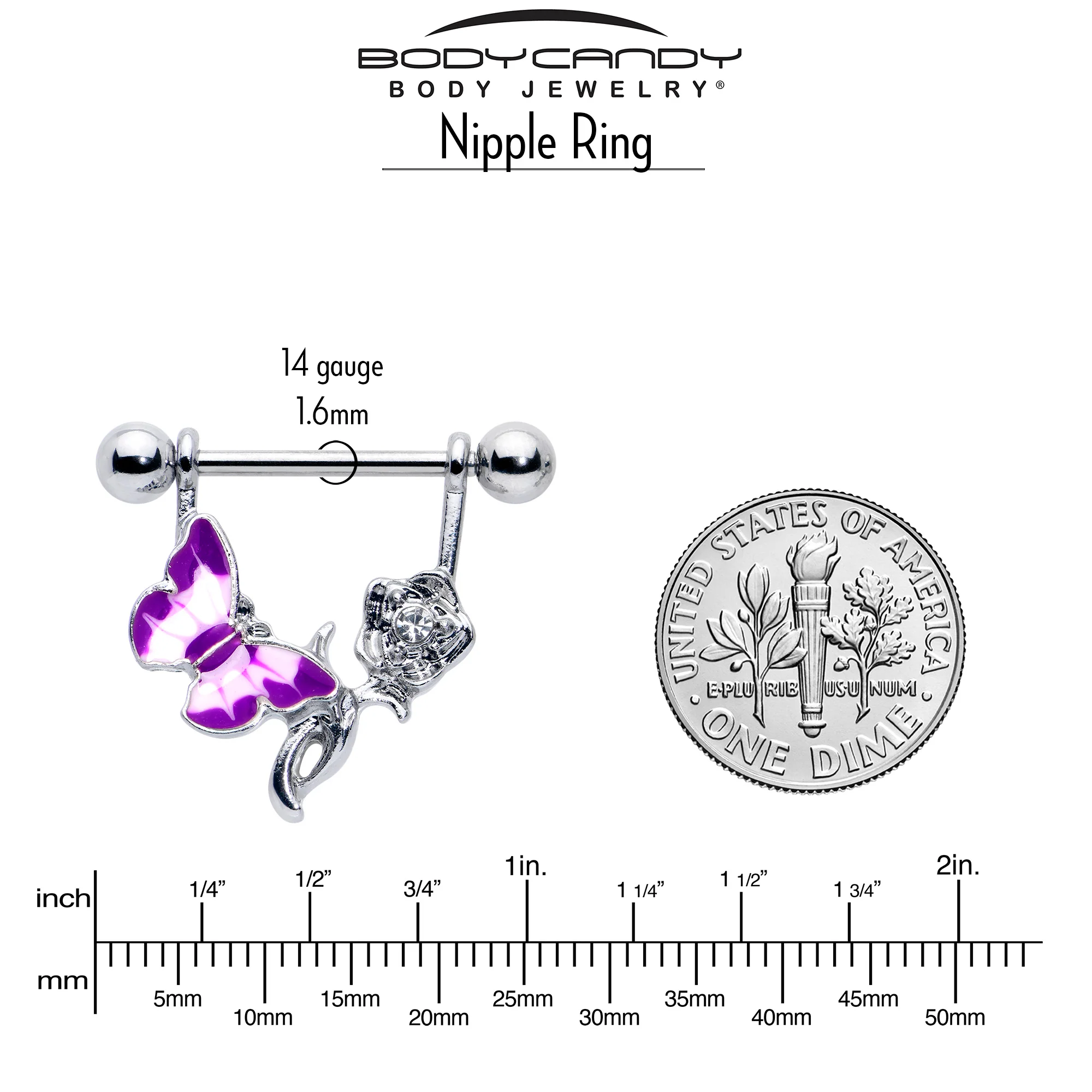 14G 9/16 Butterfly Purple Rose Flower Dangle Nipple Ring Set - Image 4