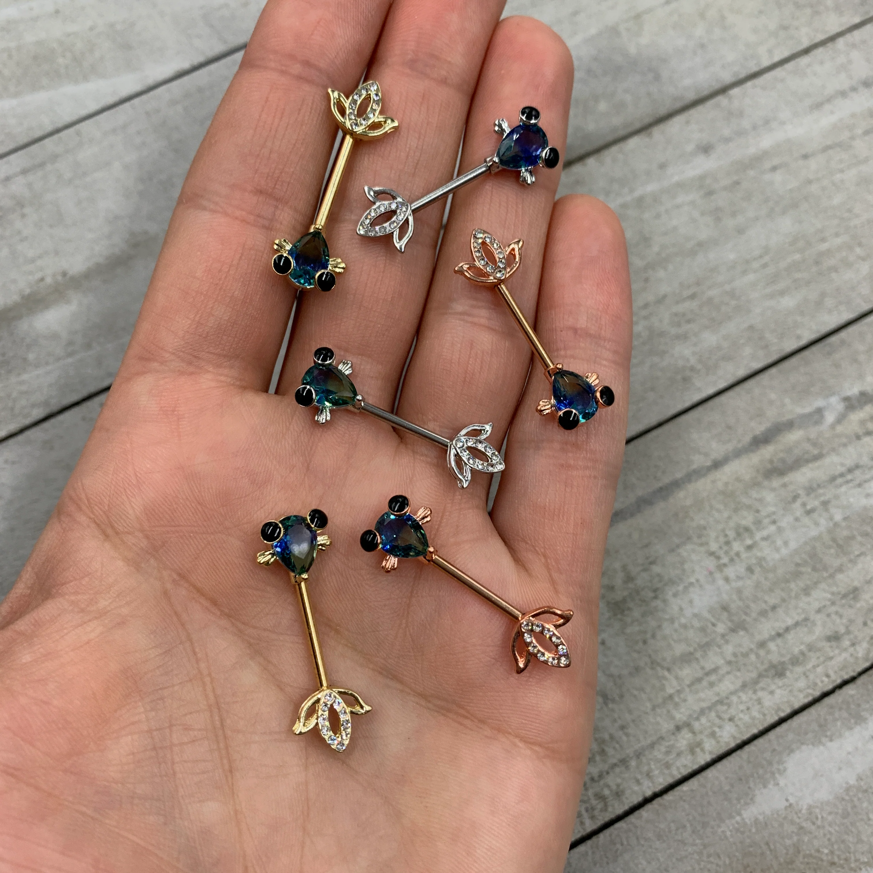 14G 9/16 Clear Aqua Gem Fish Barbell Nipple Ring Set - Image 2