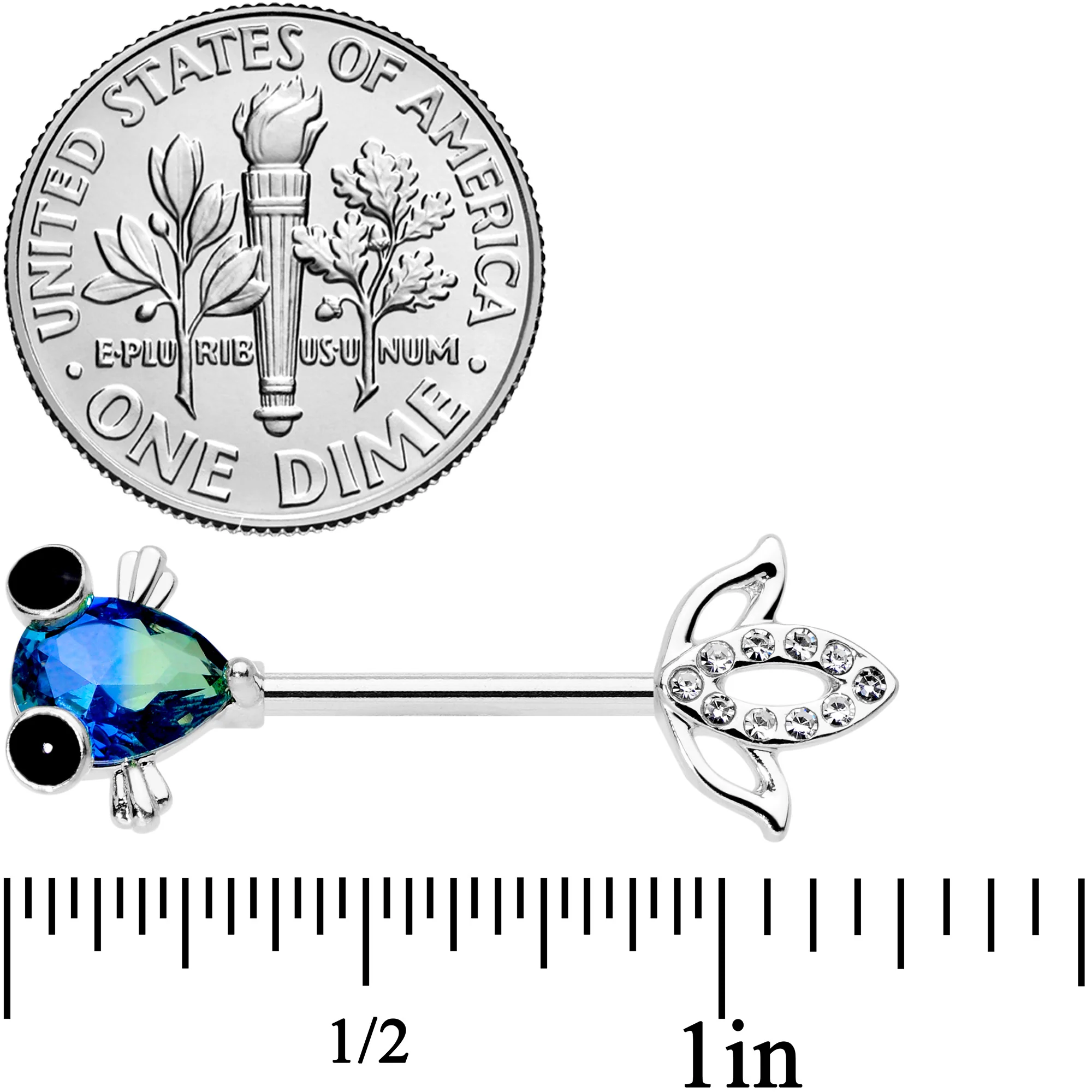 14G 9/16 Clear Aqua Gem Fish Barbell Nipple Ring Set - Image 3