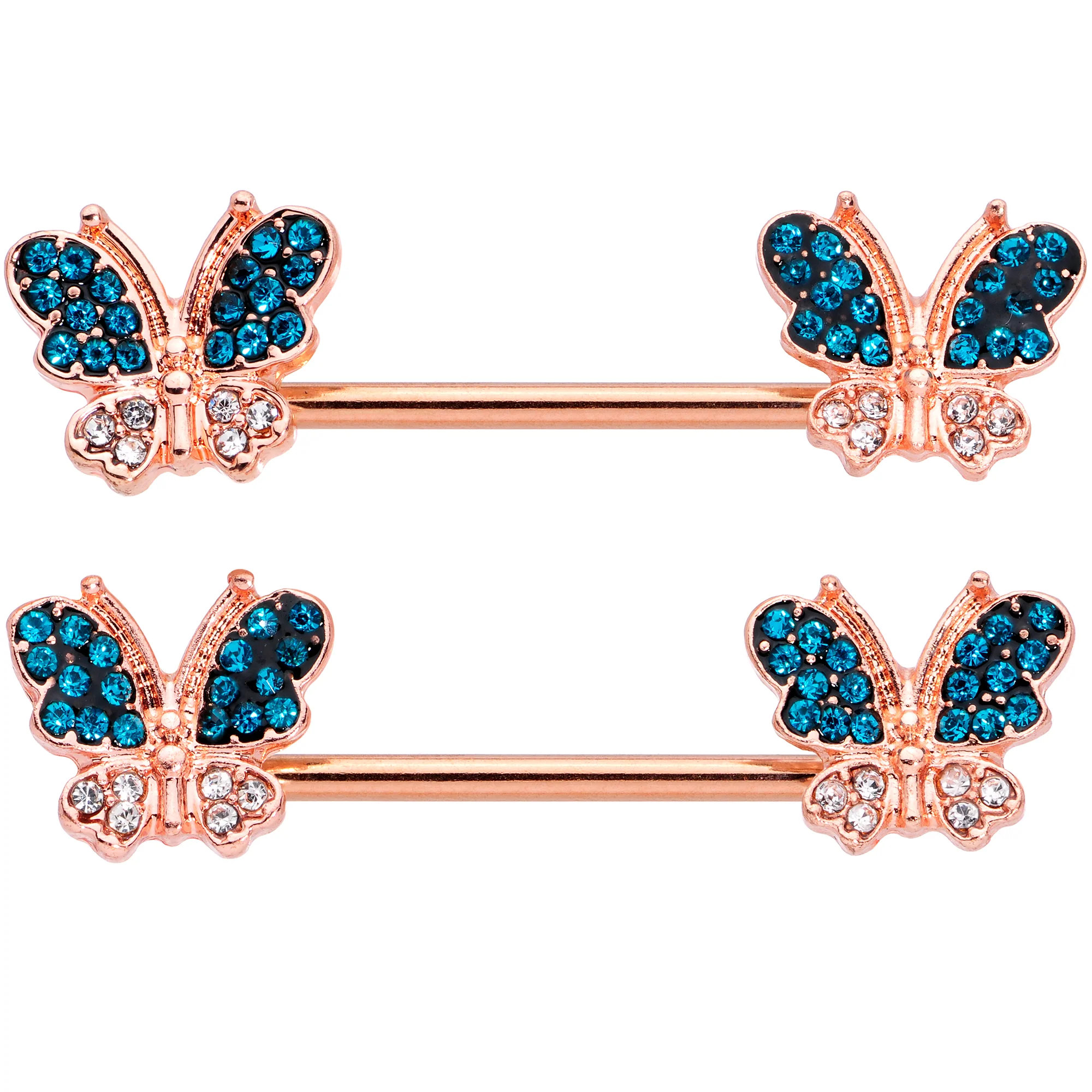 14G 9/16 Clear Aqua Gem Rose Gold Tone Butterfly Nipple Ring Set - Image 2