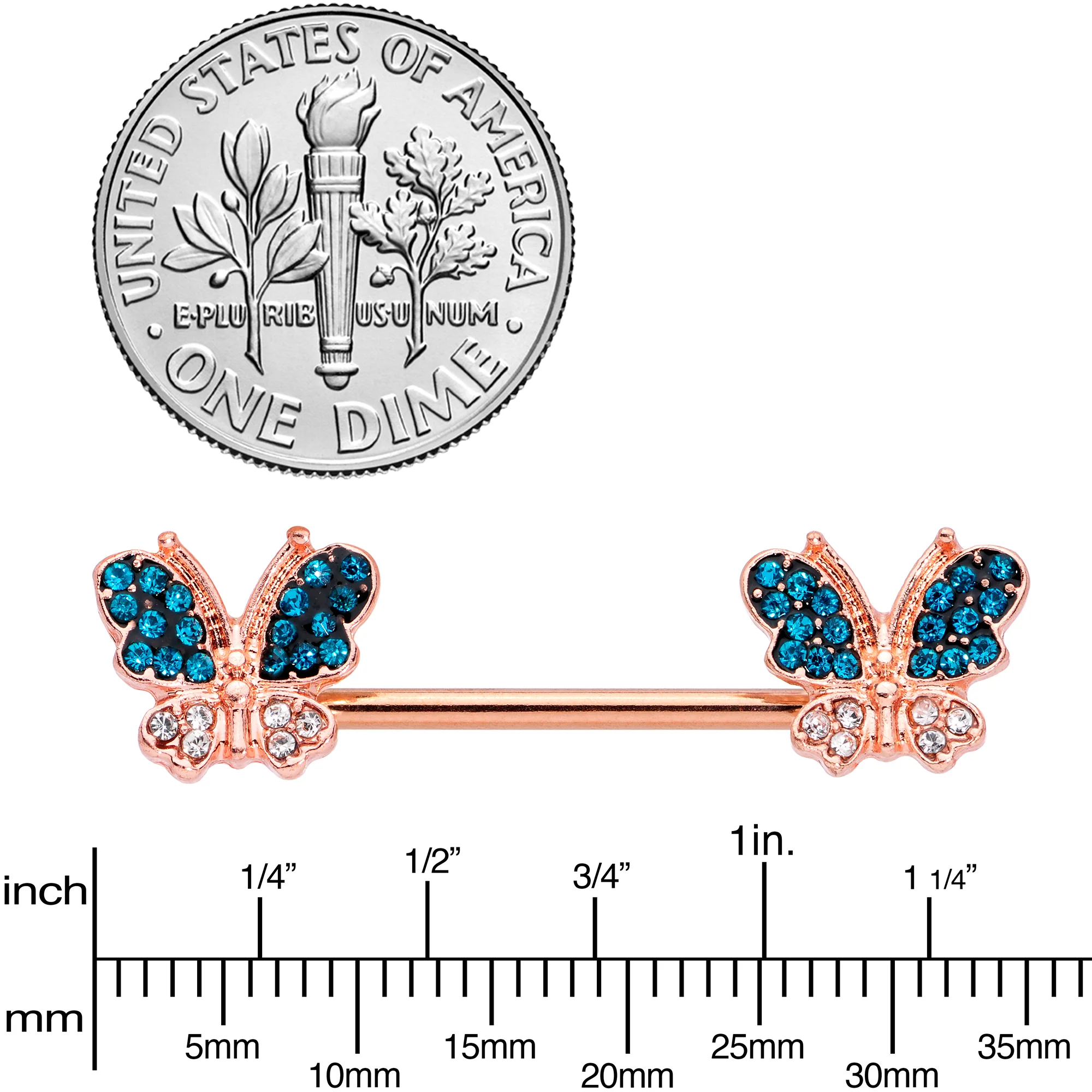 14G 9/16 Clear Aqua Gem Rose Gold Tone Butterfly Nipple Ring Set - Image 3