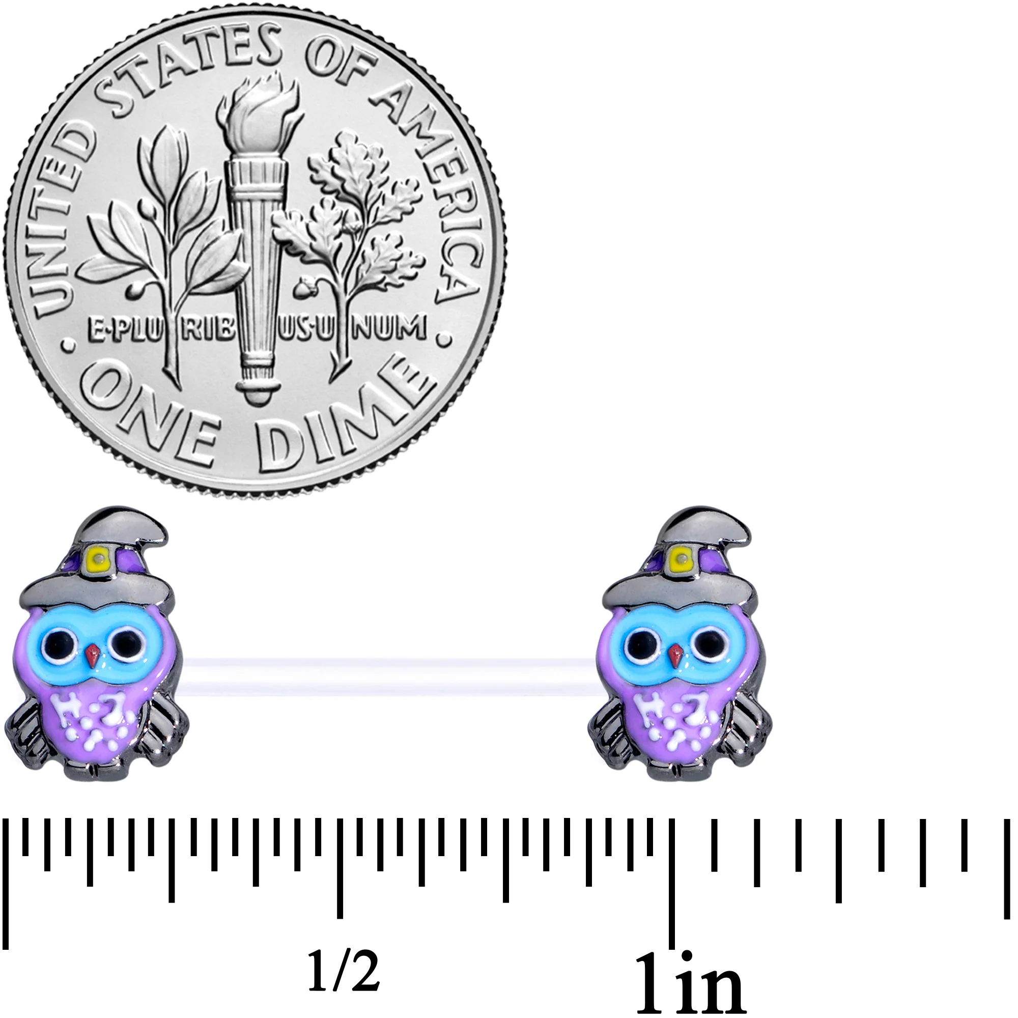 14G 9/16 Clear Bioplast Witch Owl Halloween Nipple Ring Set - Image 2