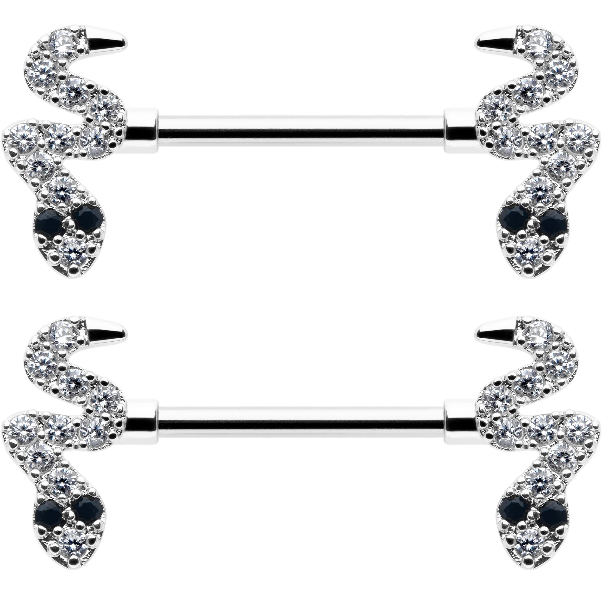 14G 9/16 Clear Black CZ Gem Sexy Snakes Barbell Nipple Ring Set - Image 2