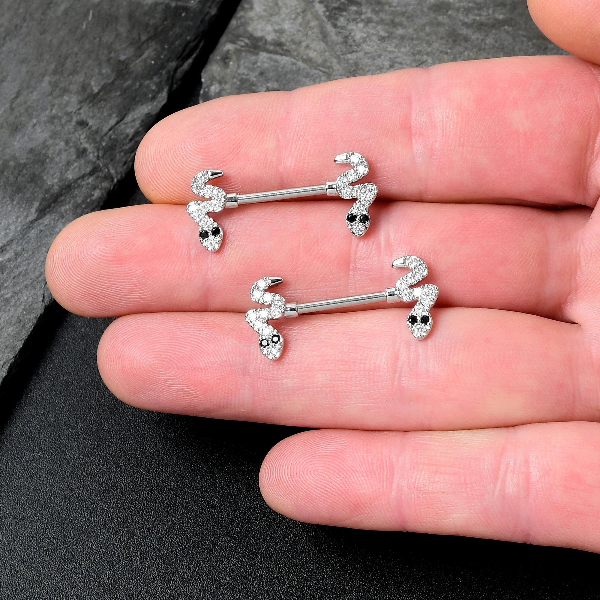 14G 9/16 Clear Black CZ Gem Sexy Snakes Barbell Nipple Ring Set - Image 3
