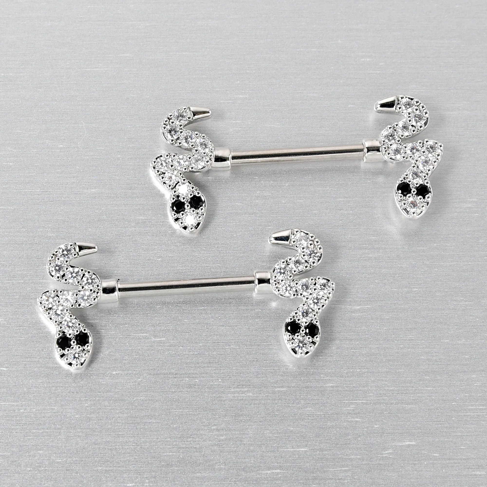 14G 9/16 Clear Black CZ Gem Sexy Snakes Barbell Nipple Ring Set - Image 4