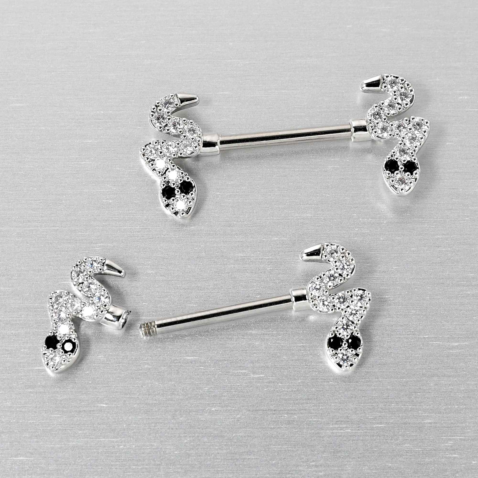 14G 9/16 Clear Black CZ Gem Sexy Snakes Barbell Nipple Ring Set - Image 5