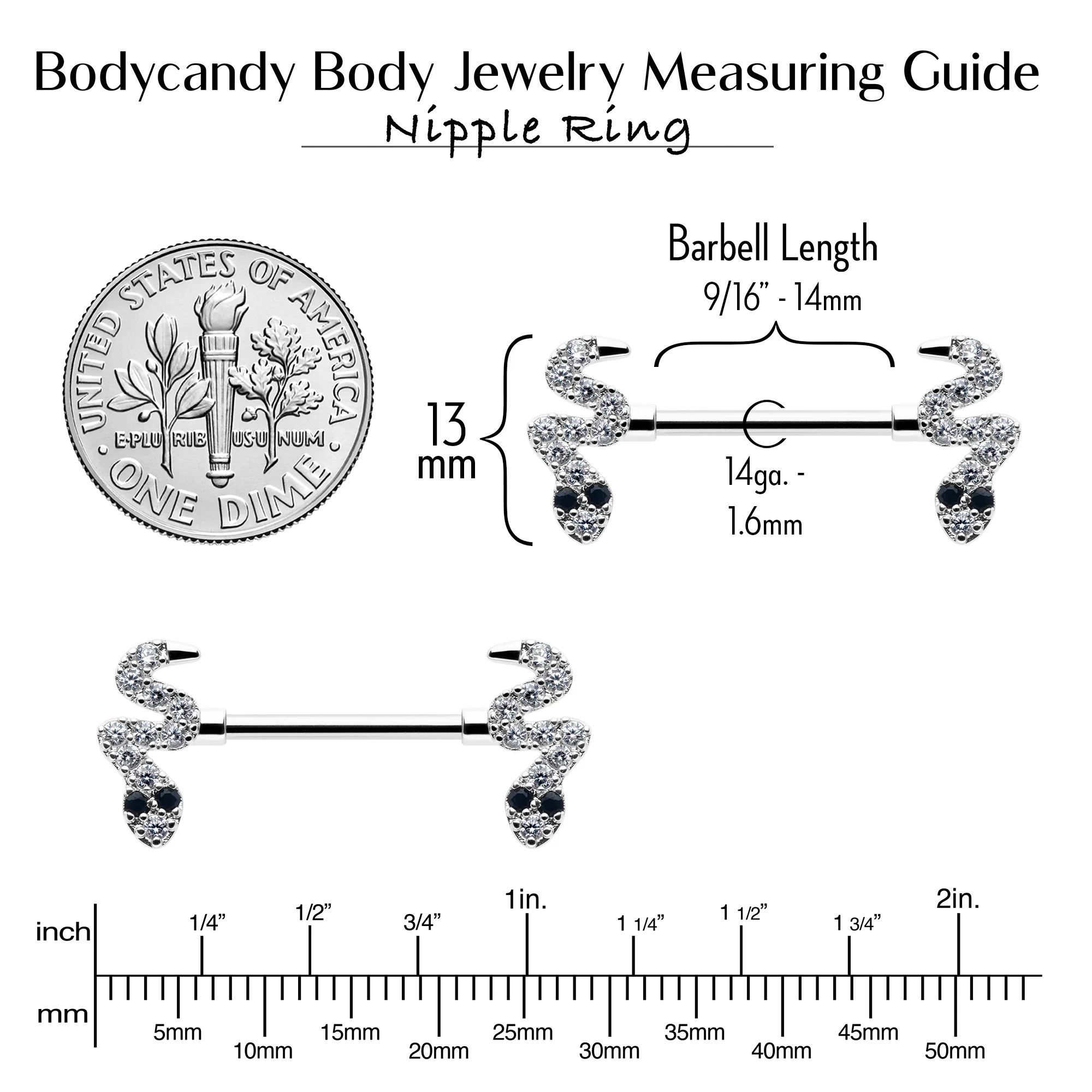 14G 9/16 Clear Black CZ Gem Sexy Snakes Barbell Nipple Ring Set - Image 6