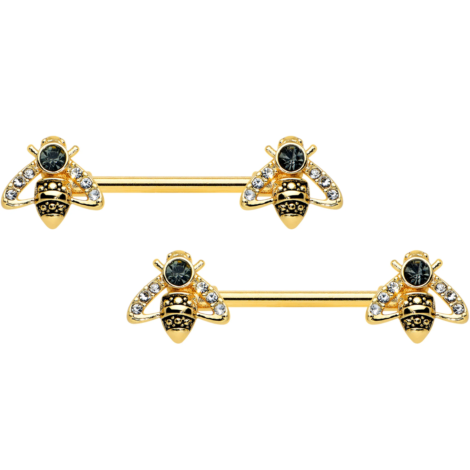 14G 9/16 Clear Black Gem Gold Tone Angular Bee Nipple Ring Set