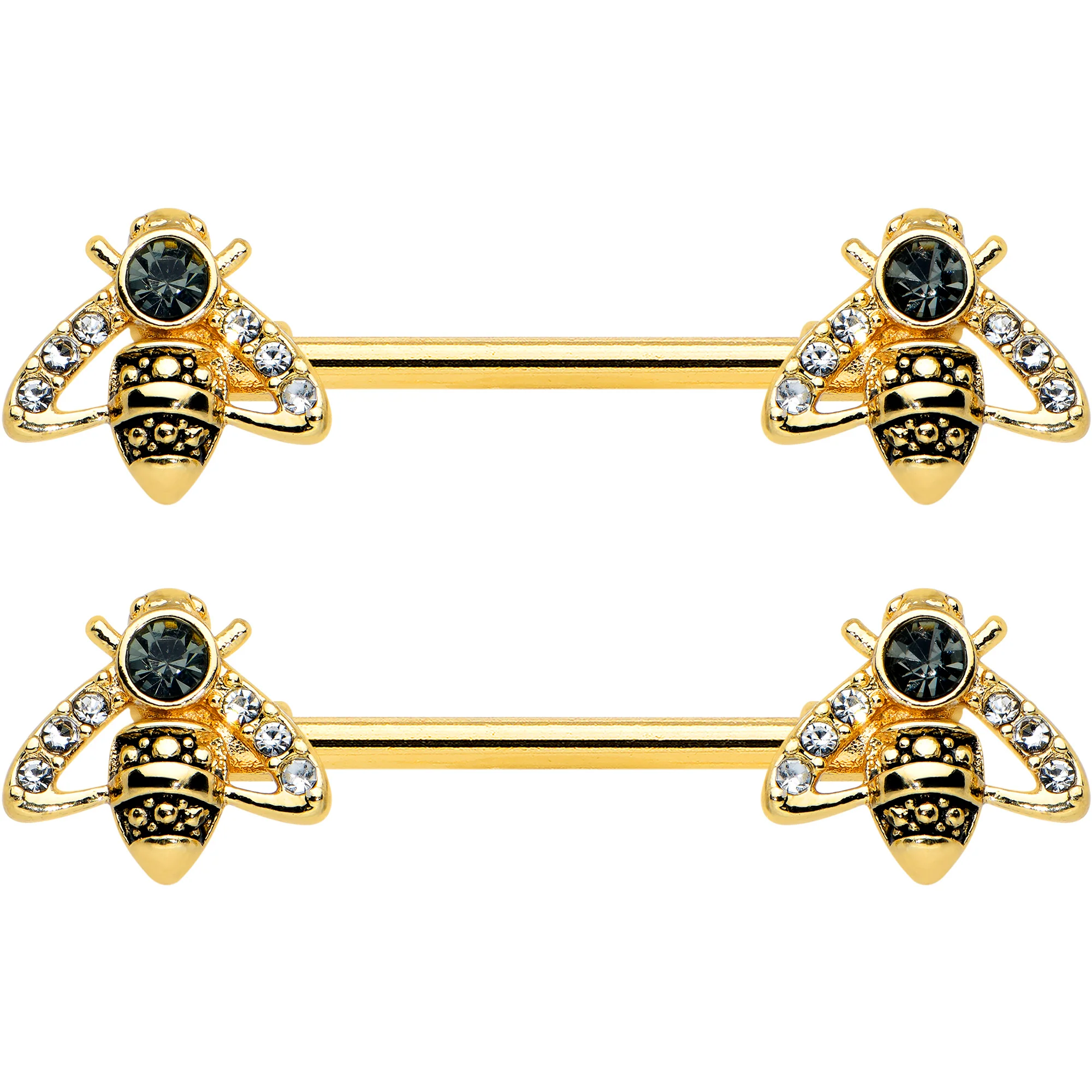 14G 9/16 Clear Black Gem Gold Tone Angular Bee Nipple Ring Set - Image 2