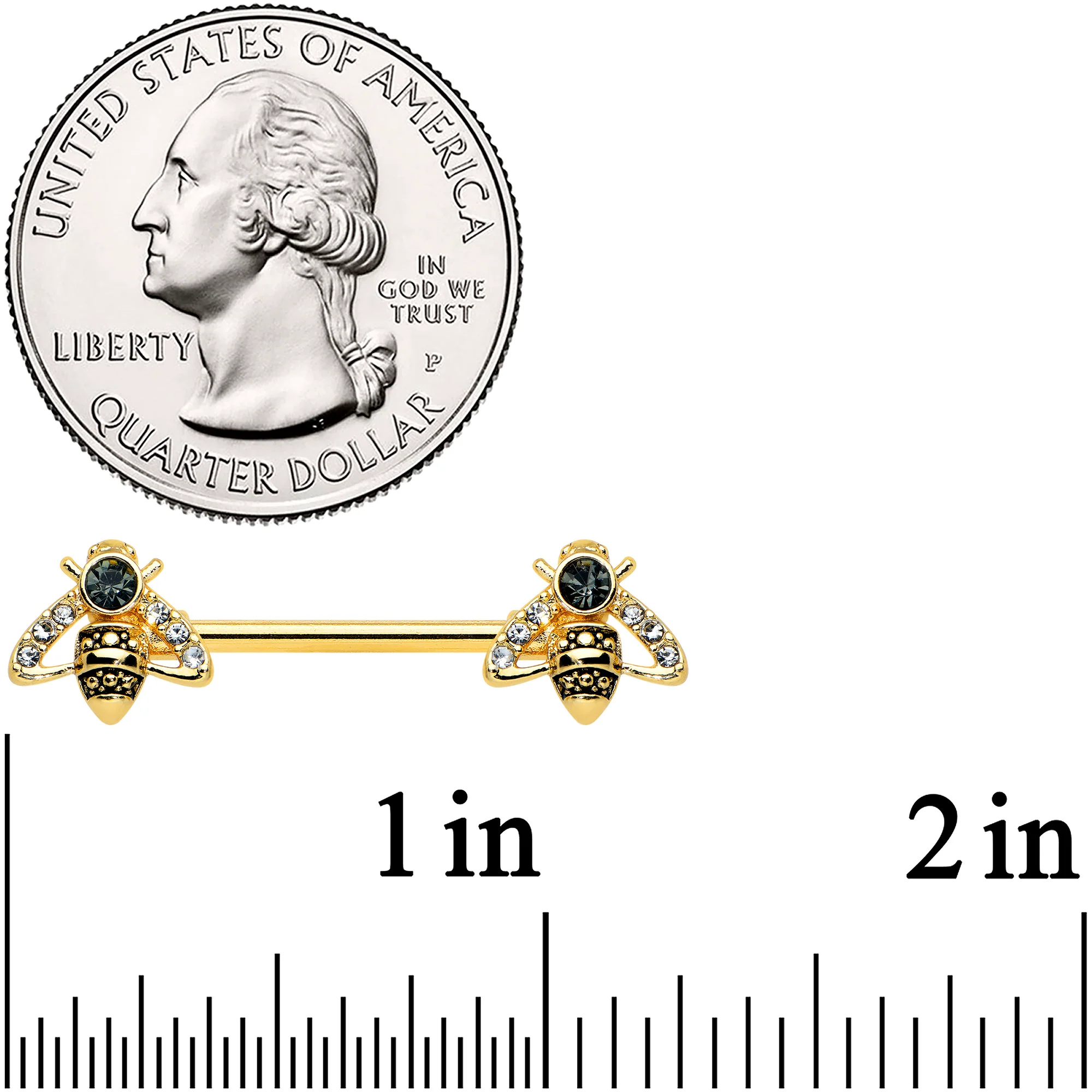 14G 9/16 Clear Black Gem Gold Tone Angular Bee Nipple Ring Set - Image 3