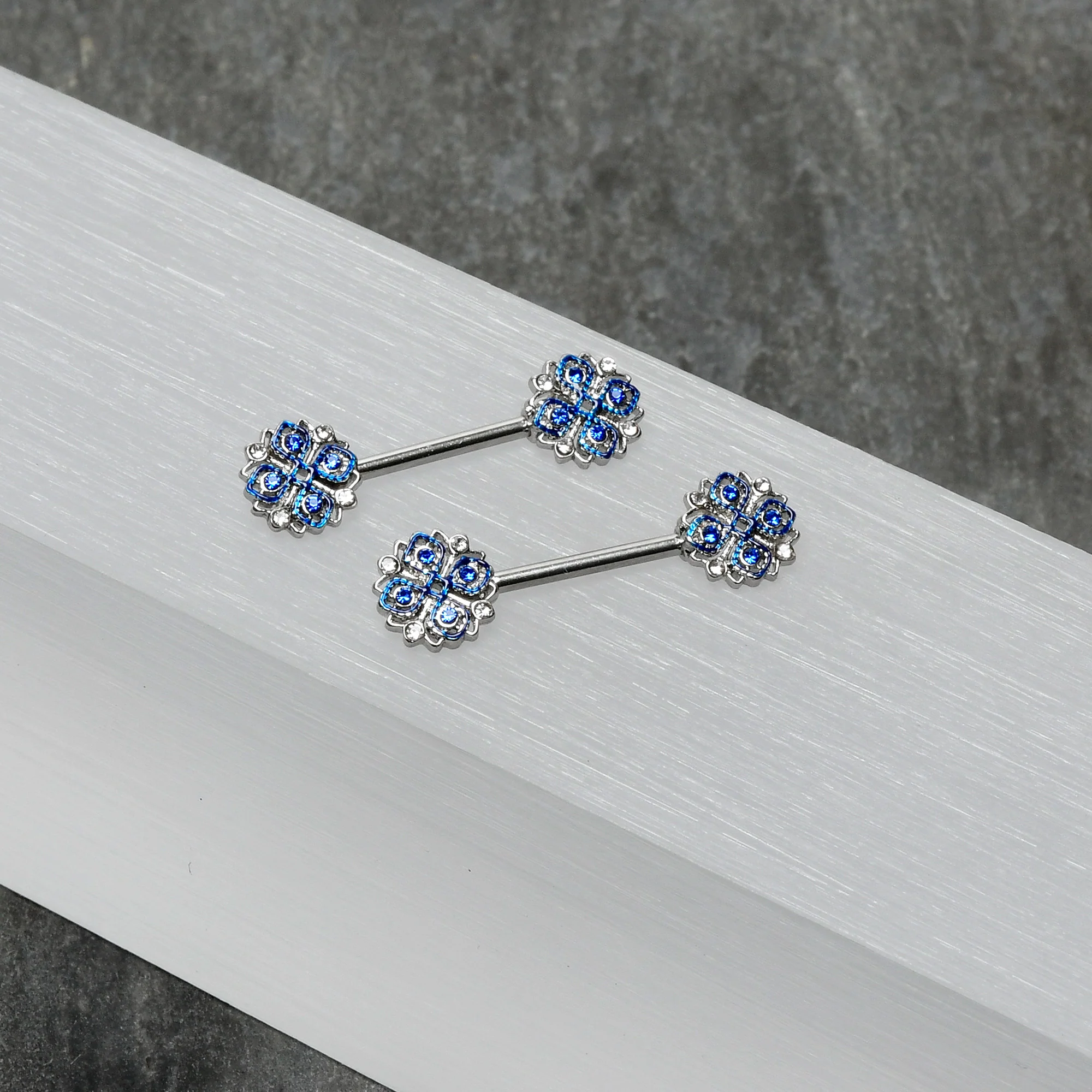 14G 9/16 Clear Blue Gem Embellished Cross Barbell Nipple Ring Set - Image 6
