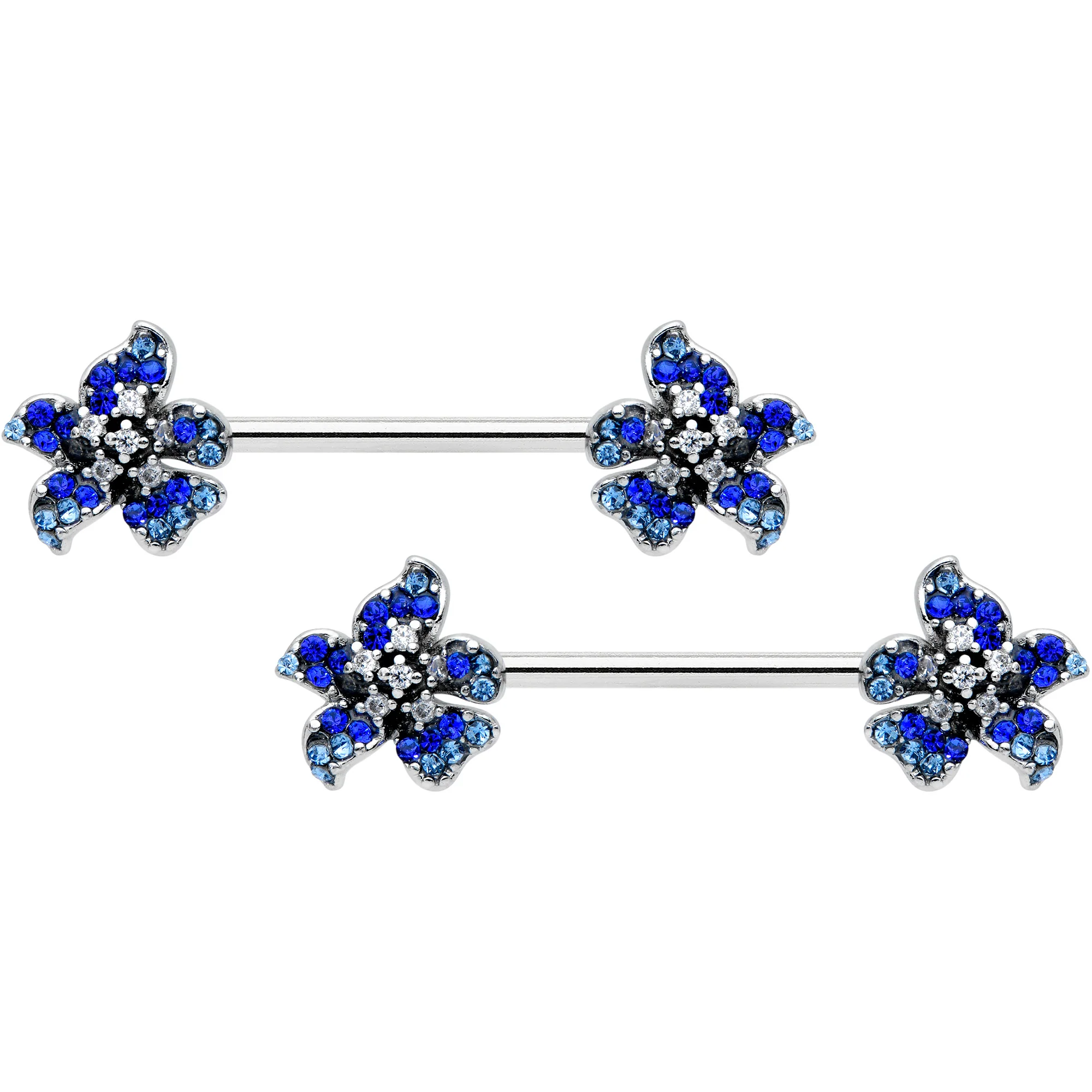 14G 9/16 Clear Blue Gem Evening Flower Barbell Nipple Ring Set